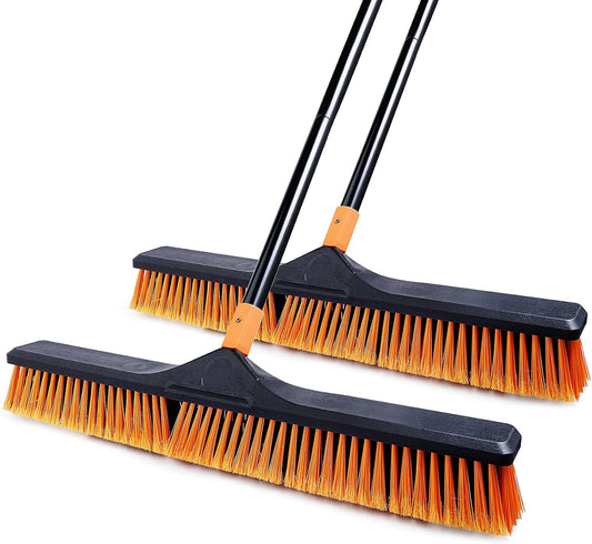 24”Push Broom Brush for Floor Cleaning with 65” Long Handle and Stiff Bristles, Heavy Duty Brush for Shop, Deck, Garage, Concrete,Indoor and Outdoor Broom 2 Set,Orange