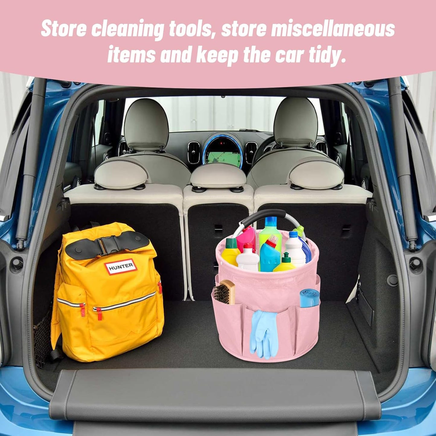 Qivine 17L Cleaning Caddy with Handle, Cleaning Supply Caddy Foldable Tool Bag Cleaning Products Organizers Portable Cleaning Bucket Organiser for Storing Towels (Pink)