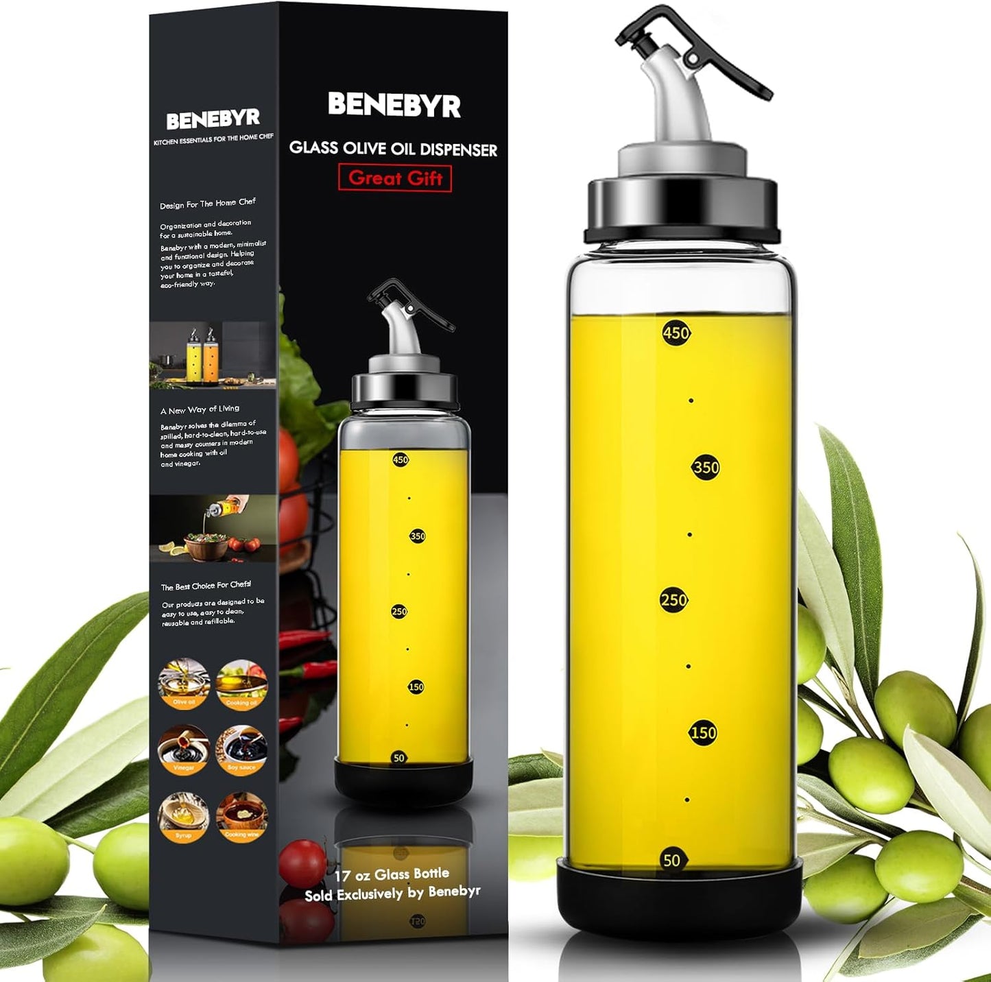 Glass Olive Oil Dispenser Bottle with Leakproof Pourer Spout and Shatterproof Rubber Bottom, Cooking Oil Dispenser Bottle for Kitchen 17 oz Heat Resistant Olive Oil Bottle
