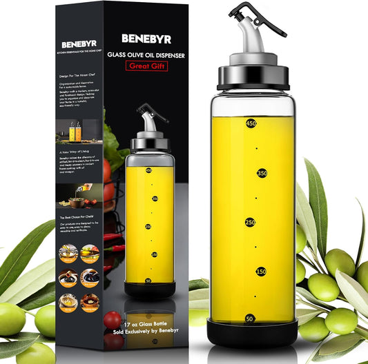 Glass Olive Oil Dispenser Bottle with Leakproof Pourer Spout and Shatterproof Rubber Bottom, Cooking Oil Dispenser Bottle for Kitchen 17 oz Heat Resistant Olive Oil Bottle