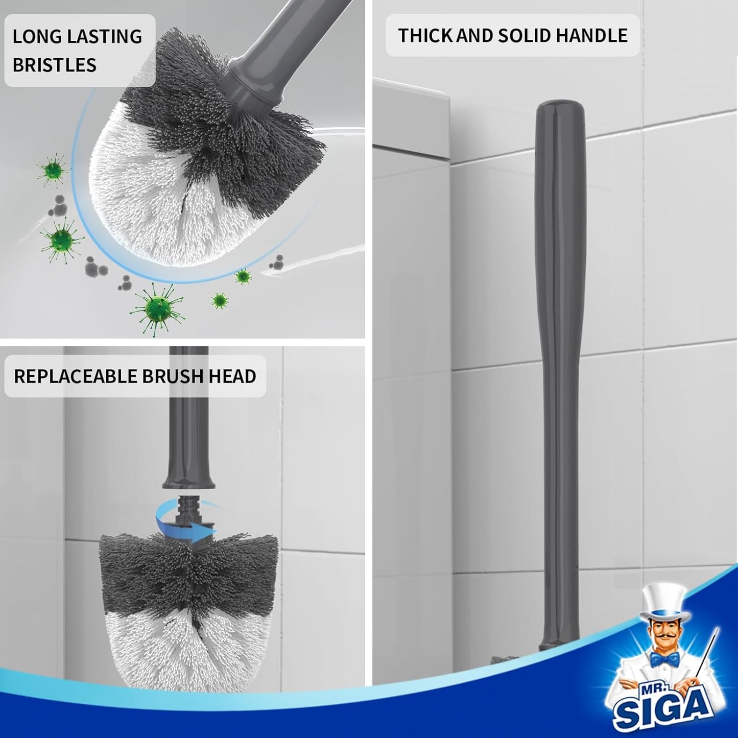 MR.SIGA Toilet Bowl Brush and Holder, Premium Quality, with Solid Handle and Durable Bristles for Bathroom Cleaning, Gray, 1 Pack