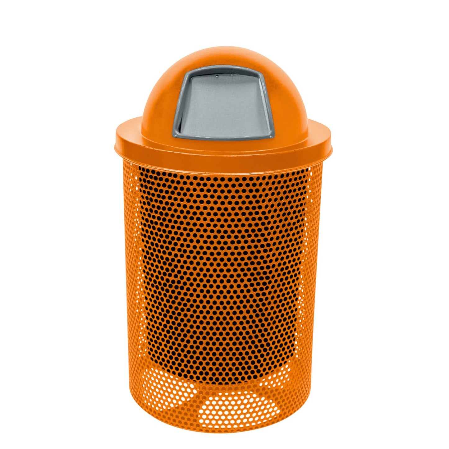 COATEDOUTDOORFURNITURE Coated Outdoor Furniture 32-Gallon Heavy-Duty Punched Steel Round Trash Receptacle, Commercial Outdoor Waste Bin with Liner & Dome Lid – Made in America (Textured Orange)