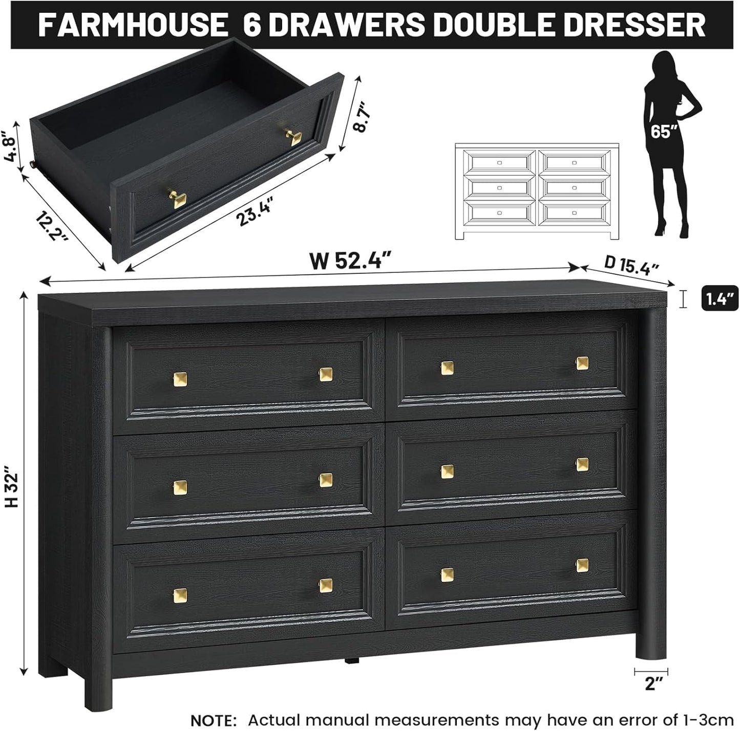 Black Dresser, Farmhouse 6 Drawer Dresser for Bedroom, 52 inch Wide Dressers with Deep Drawers, Vintage Dressers, Solid Wood Chest of Drawers for Bedroom, Nursery
