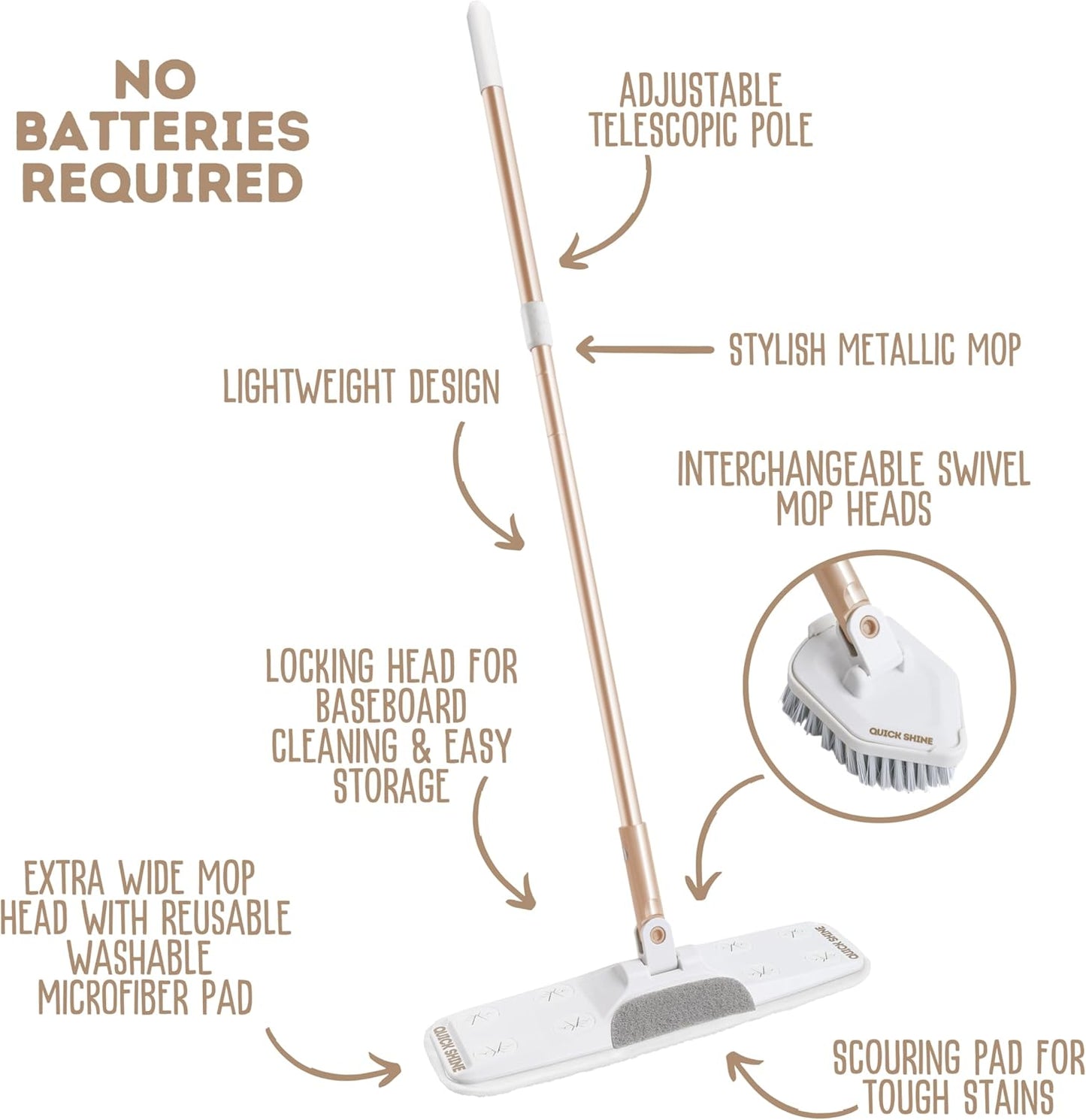 Quick Shine Ultimate Gold Clean + Polish Mop Kit | All-in-One 11 Pc Kit w/Interchangeable Attachments | Cleaner & Polish Included | No Batteries Needed | All Floors Pro Cleaning System | 2-in-1 Mop