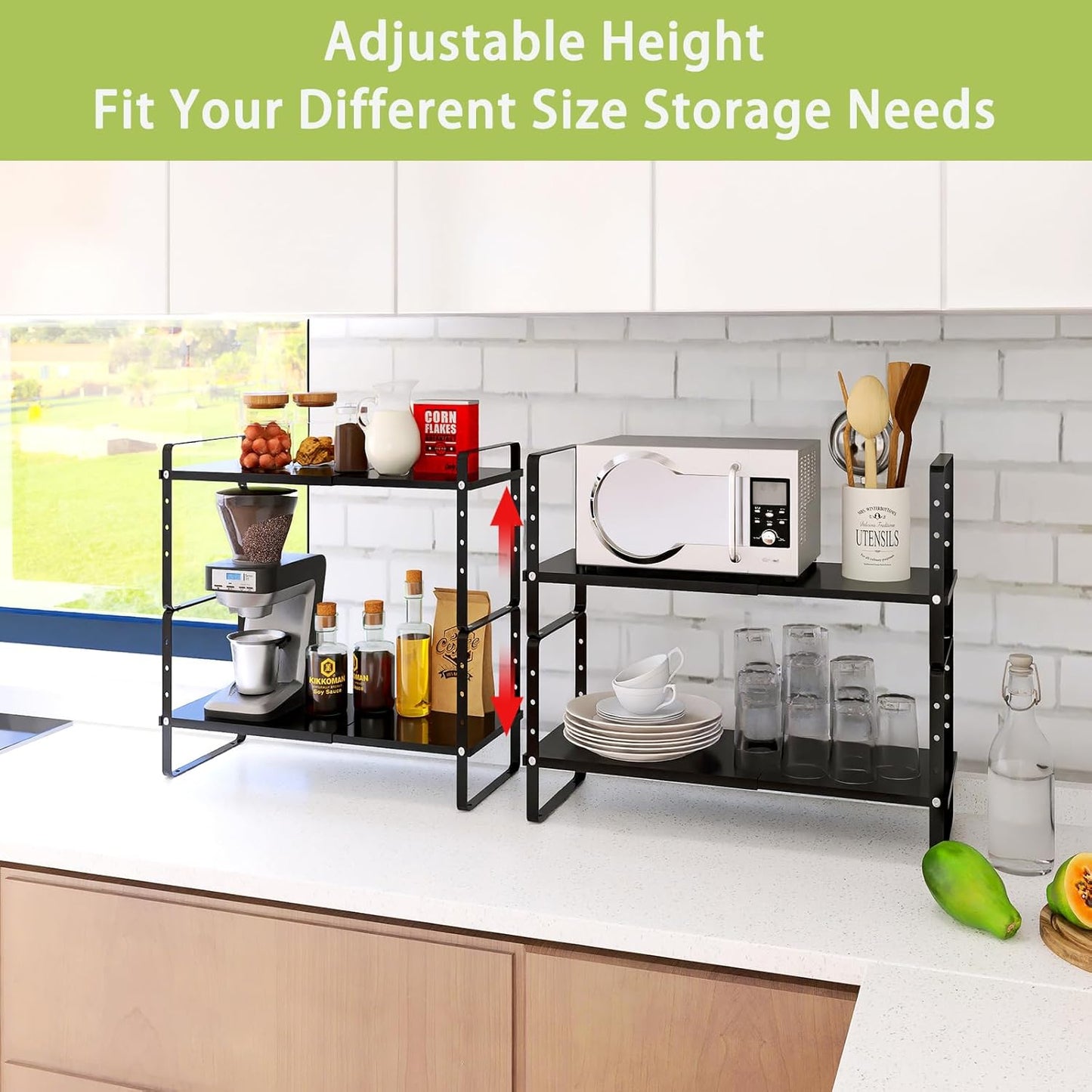 Expandable Cabinet Shelf Organizer Rack, Stackable Kitchen Counter Storage Shelves Stand, Adjustable Height Pantry Shelf Spice Rack (Black, 2 Pack)