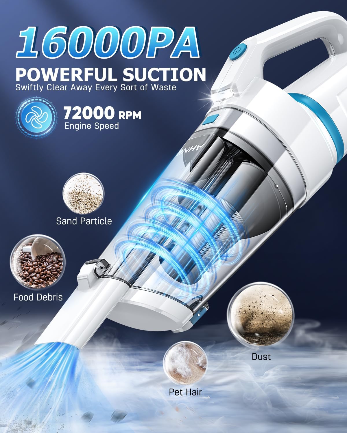 AHNR Handheld Vacuum Cordless, 16000PA Powerful Suction Hand Held Vacuum Dust Busters Cordless Rechargeable with LED Light & 2 HEPA Filters, Portable Car Vacuum Cleaner High Power for Car Home Office