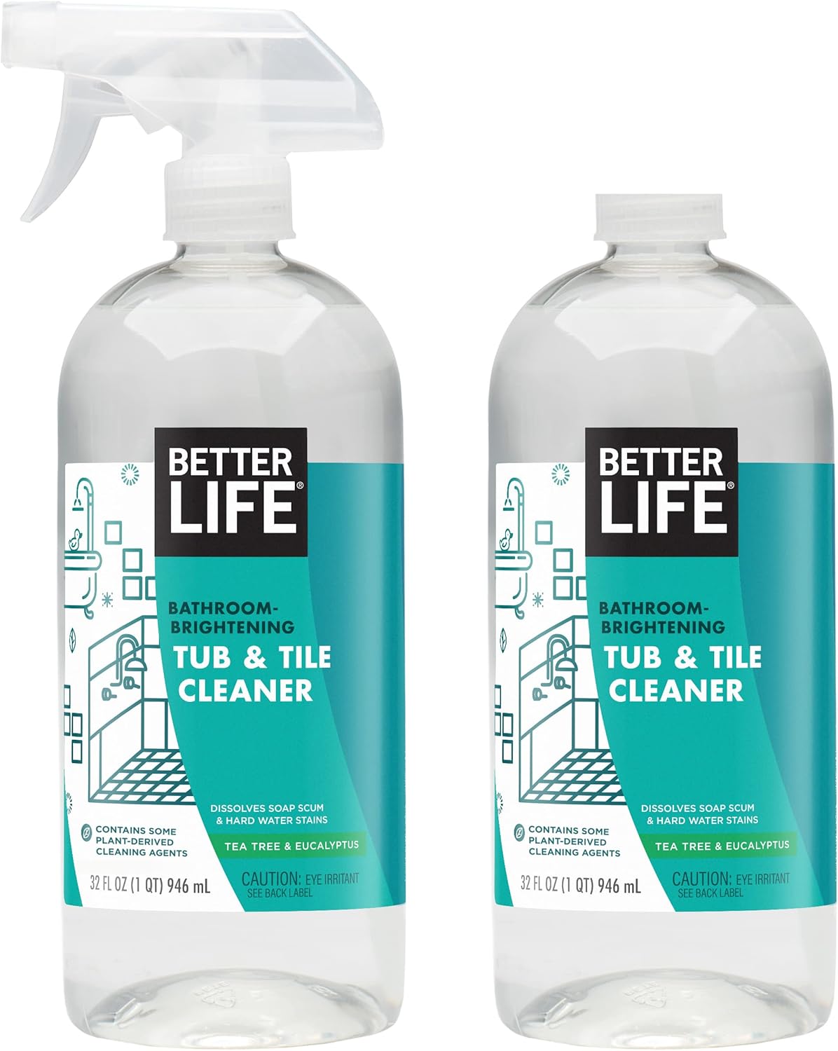 BETTER LIFE Bathroom Cleaner - Tea Tree Bathtub & Shower Cleaner Spray for Glass and Tile - Foaming Mold and Mildew Remover for Tub Works on Hard Water Stains - 32oz (Pack of 2)