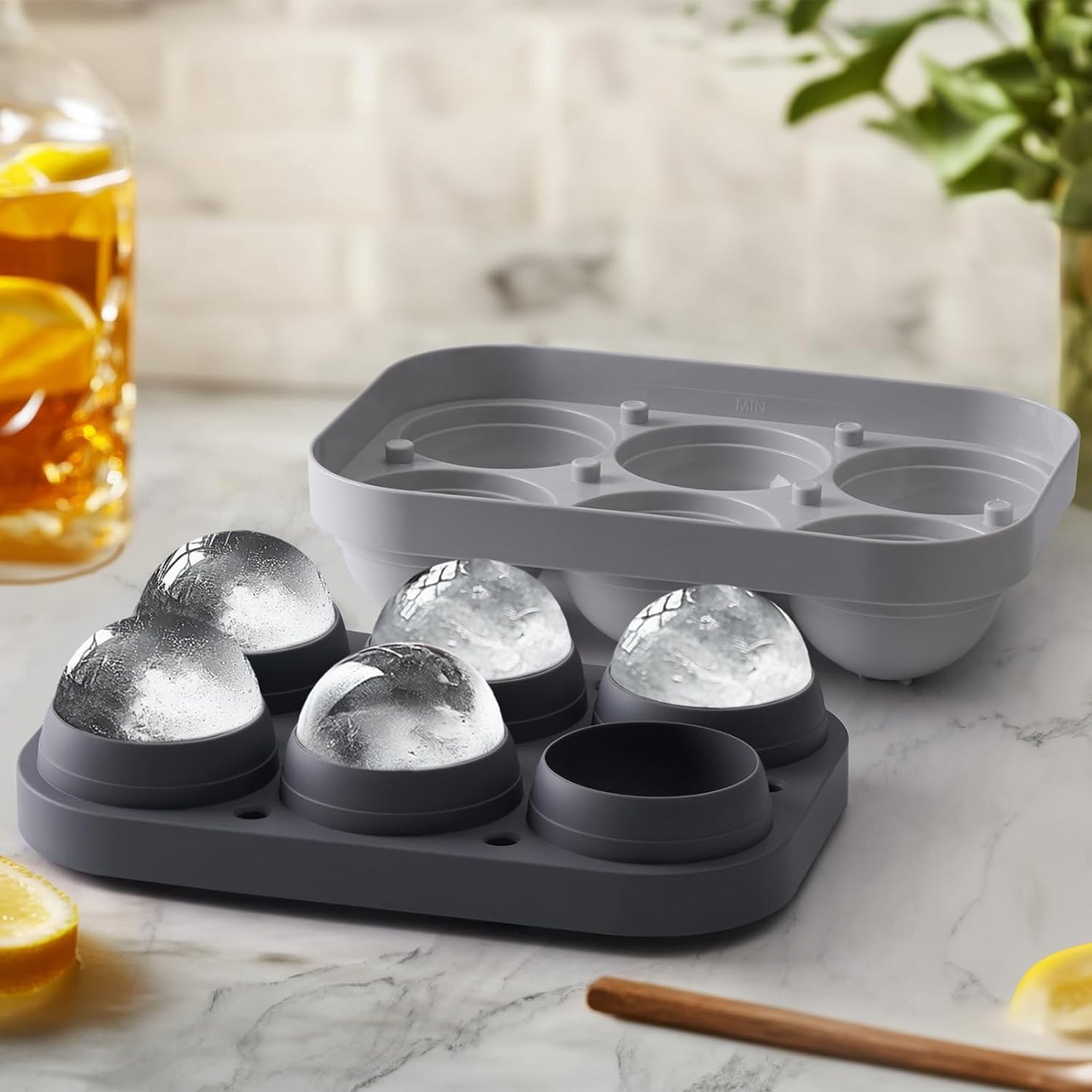 2.5inch Spherical Ice Ball Tray For Whiskey, Big Ice Freezer Mold for Cocktails，Easy Fill In & Release Ice Cube Mold, Durable &Reusable Spherical Ice Maker (Steel Grey)