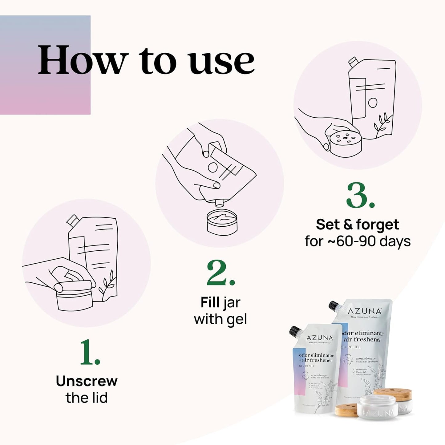 Azuna Air Freshener & Odor Eliminator for Strong Odor | 4 Room Kit Includes (4) Empty Luxe Glass Jar & 24oz Gel Refill with Tea Tree Essential Oil | Aromatherapy | Last 60-90 Days