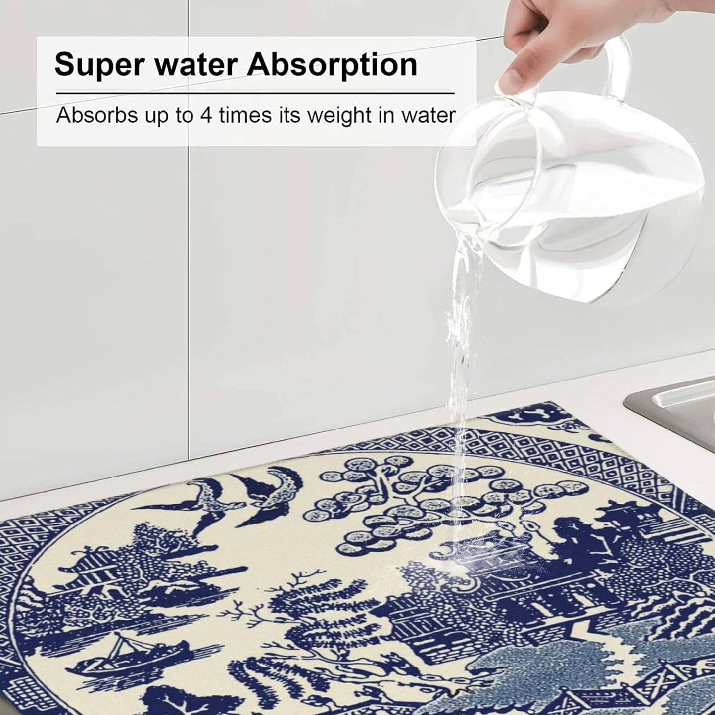 Dish Drying Mat For Kitchen Counter Absorbent Dish Mat Reversible Drainer Drying Kitchen Mat (Oriental Style Chinese Blue Willow, 16"x18")