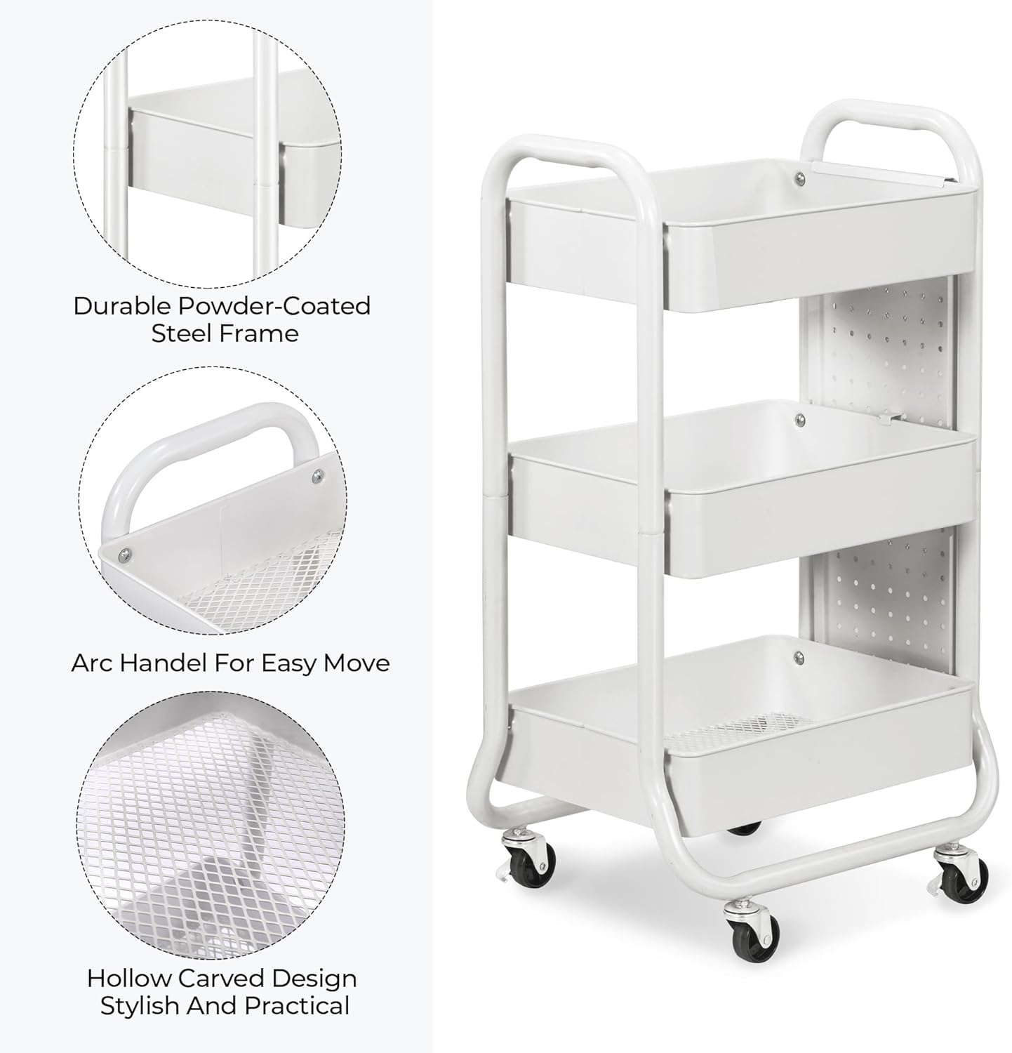 DESIGNA 3-Tier Rolling Cart, Utility Cart with Handle, Extra 3 Storage Accessories, Removable Pegboard, Easy Assembly Craft Carts for Kitchen, Bathroom, Office, Metal, White