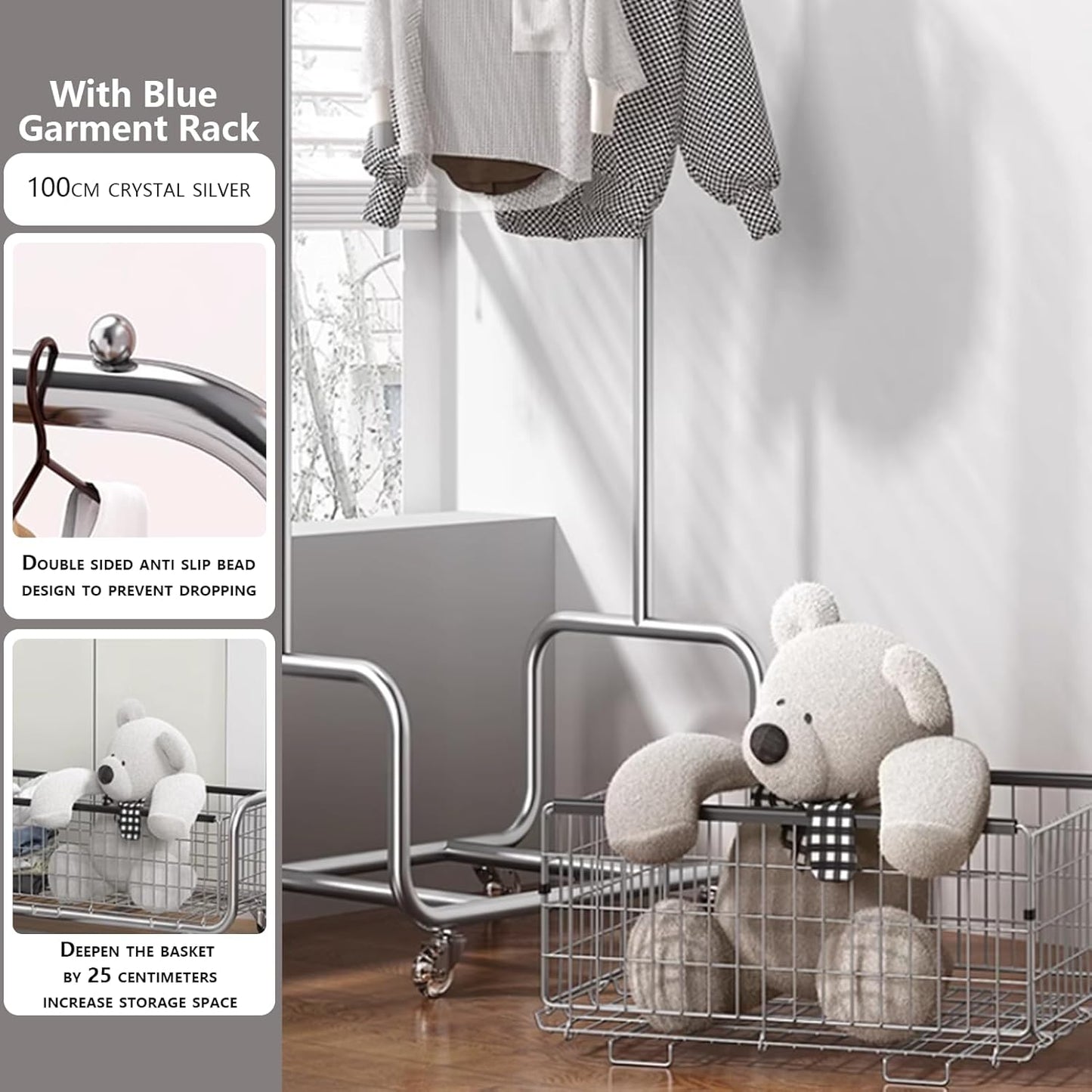 Garment Rack With Storage Baskets,Clothing Rack for Hanging Clothes, Multi-functional Bedroom Clothes Rack with Wheels for Bedroom, Living Room, Easy Assembly (40inch lenght)