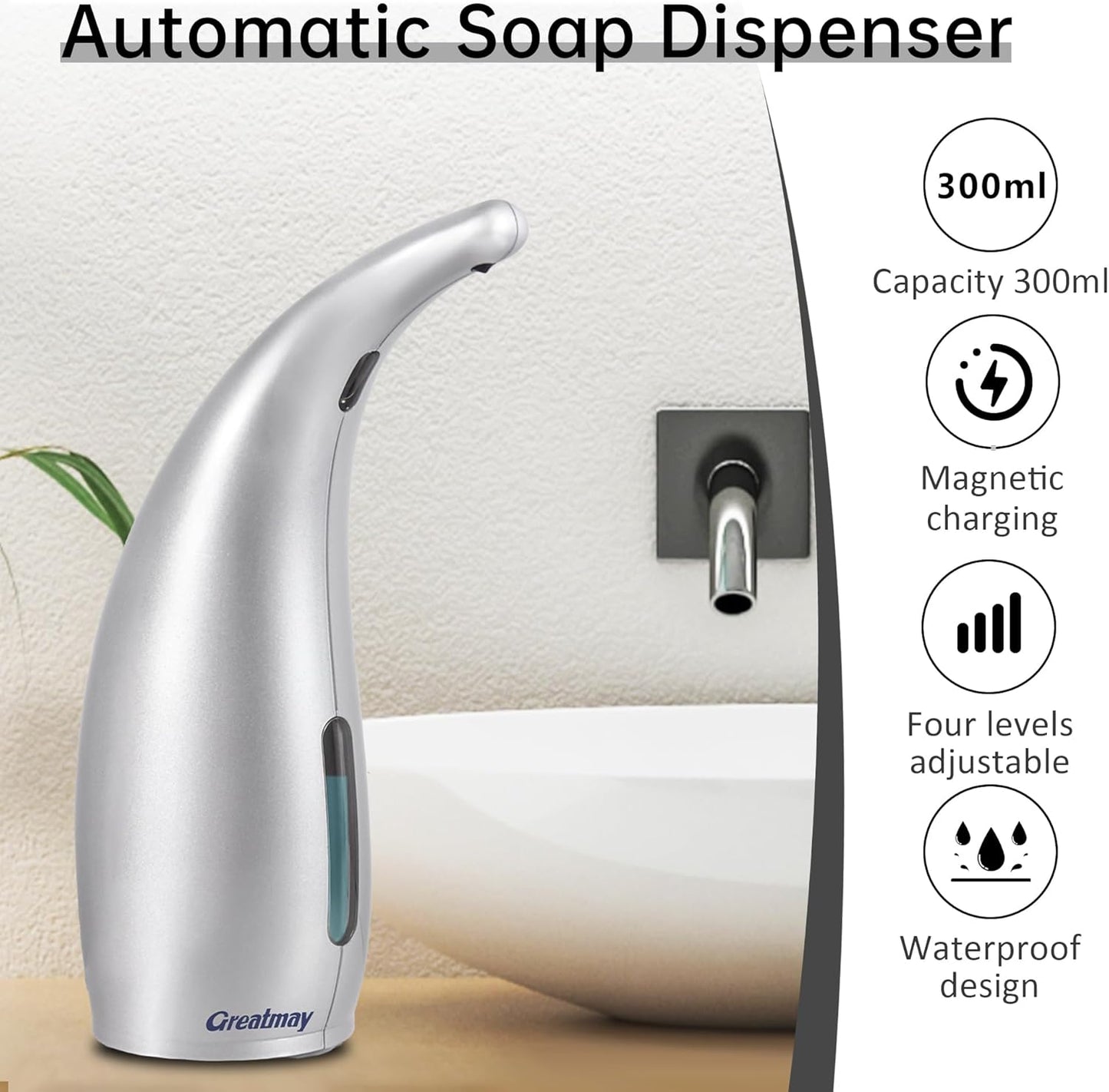 Adjustable Automatic Soap Dispenser Touchless, 4 Adjustable Levels Touchless Sensor Liquid Soap Pump，300ml Rechargeable Magnetic Charging Hand Soap Dispenser for Kitchen，Bathroom
