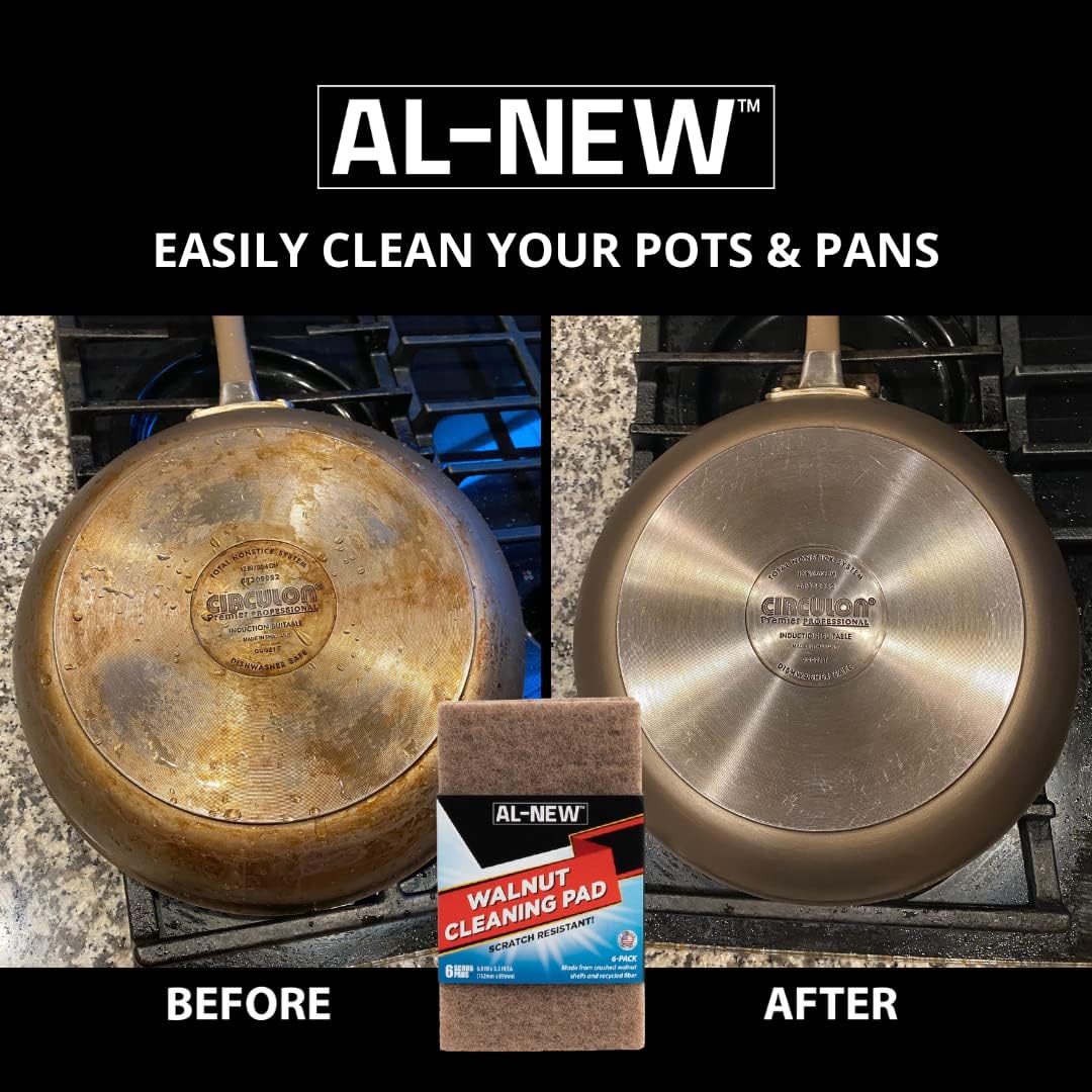 AL-NEW Walnut Cleaning Pads | Versatile, Scratch Resistant Household Cleaning & Scouring Pads for Kitchen Cleaning, Dishes, Pots, Pans & More (6 Pack)