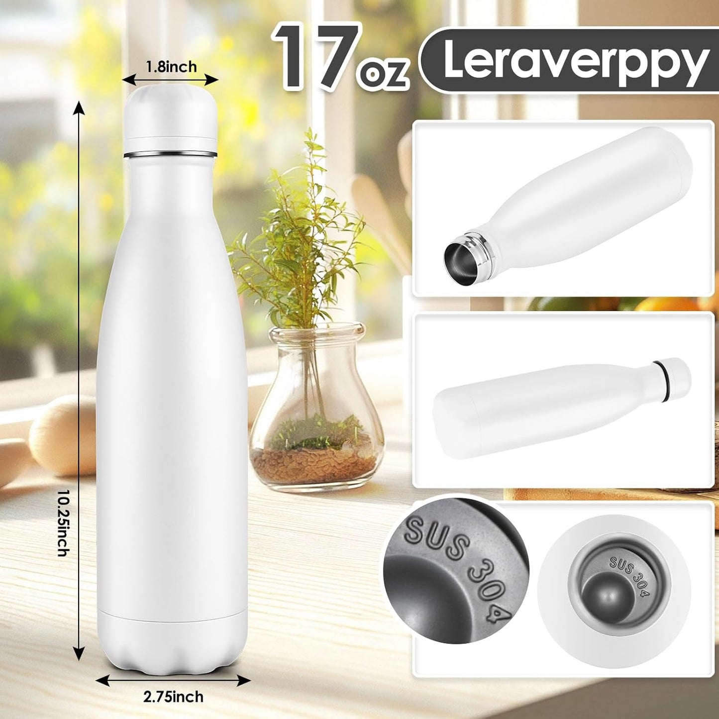 17oz Cola-Bottle Shaped Stainless Steel Leak-proof Water Bottle,Double Wall Vacuum Insulated Metal,Travel Mug For Sports Indoors & Outdoors,BPA-Free School Kids Flasks,White(1 Pack)