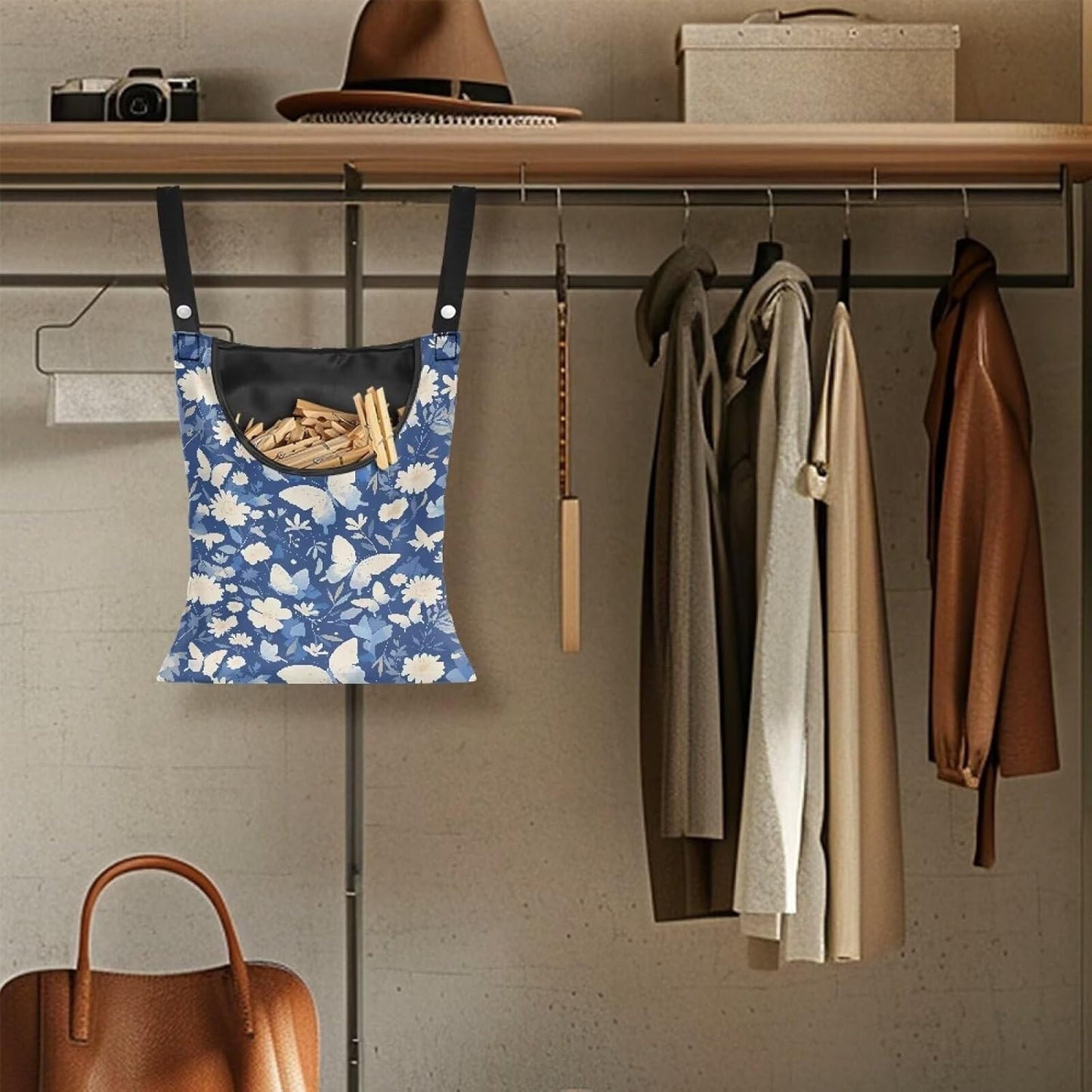 2 Pcs Butterfly and Floral Clothespin Bag with Large Opening Clothes Pins Holder Outdoor and Laundry Bag Hanging Fits for Clothesline Outdoor