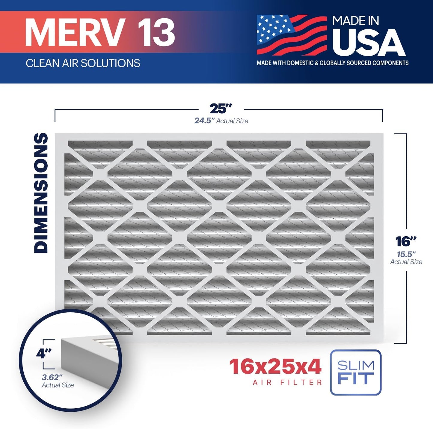 BNX TruFilter 16x25x4 (15.5’’ x 24.5’’ x 3.63‘’ Slim Fit) MERV 13 Air Filter (2-Pack) - MADE IN USA - Air Conditioner HVAC AC Furnace Filters Health, Allergies, Mold, Bacteria, Smoke, MPR 1900 FPR 10
