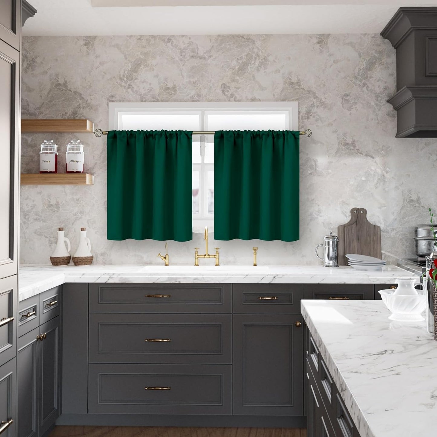 BGment Emerald Green Blackout Curtains 36 Inch Length for Kitchen Window - Short Thermal Insulated Drapes Room Darkening with Rod Pocket for Bathroom Cafe Rv Window, 42 x 36 Inch, 2 Panels