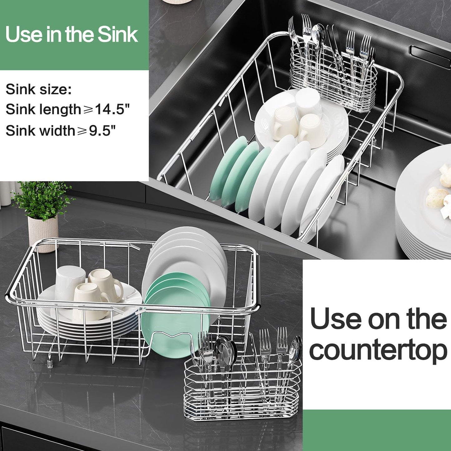 Dish Drainer Rack in Sink Adjustable, Expandable 304 Stainless Steel Metal Dish Drying Rack Organizer with Stainless Steel Utensil Holder Over Inside Sink Counter, Rustproof