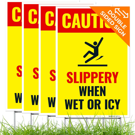 Caution Slippery When Wet or ICY Sign, (SI-84404) (4 Pack) Double Sided 12x18 Inches, Corrugated Plastic with Metal H Stake, Made in USA by Sigo Signs