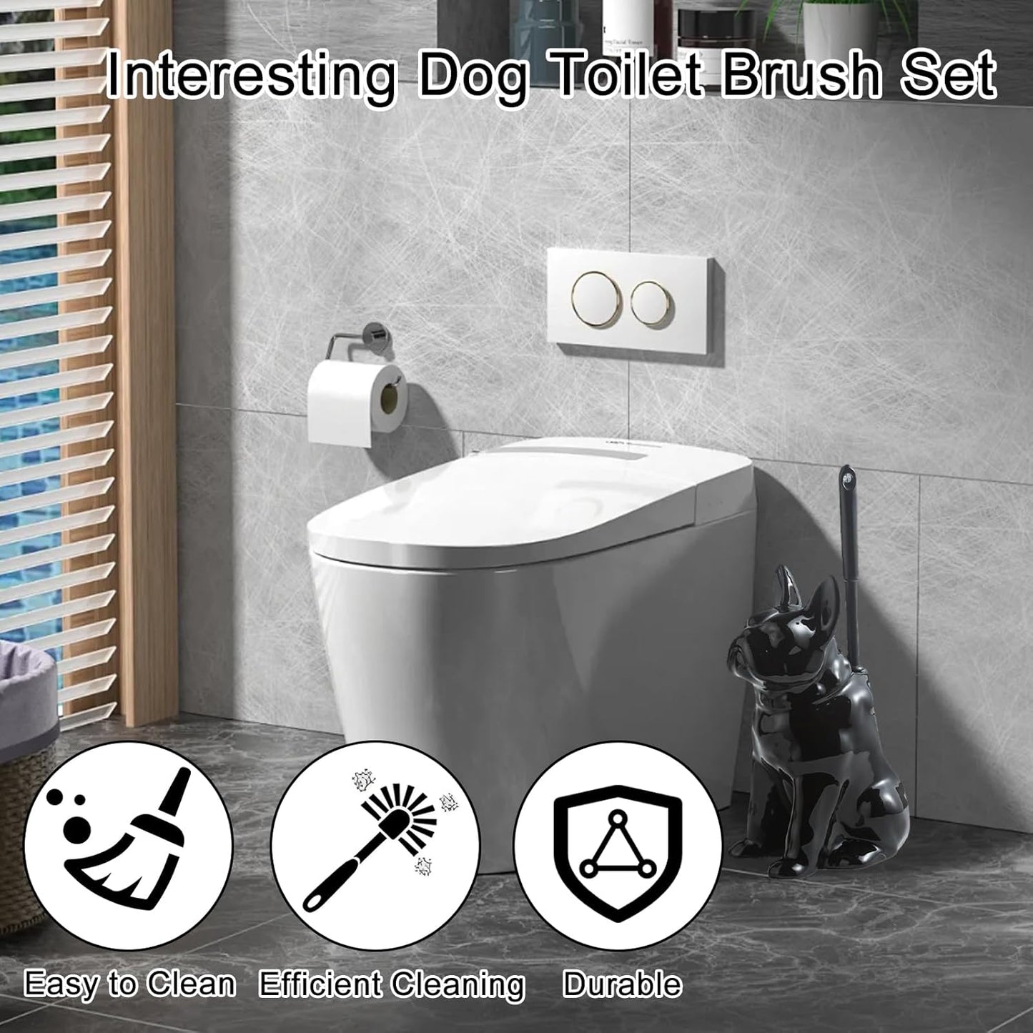 Comeon Ceramic Dog White/Black Toilet Brush and Holder Set, Plastic Handled Scrub Brush for Bathroom Cleaning,13.7"*6.3" (Black)