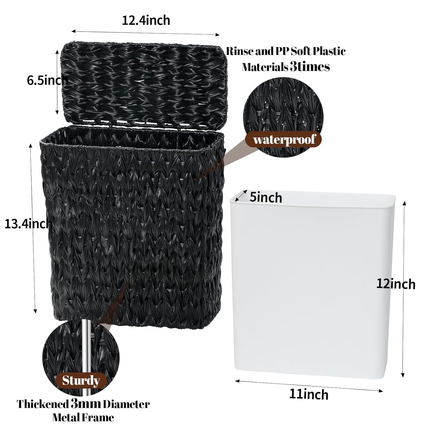 Black Wicker Trash Can with Lid and Liner,Waterproof Narrow Waste Basket for Bathroom,Bedroom,Office,3 Gallon