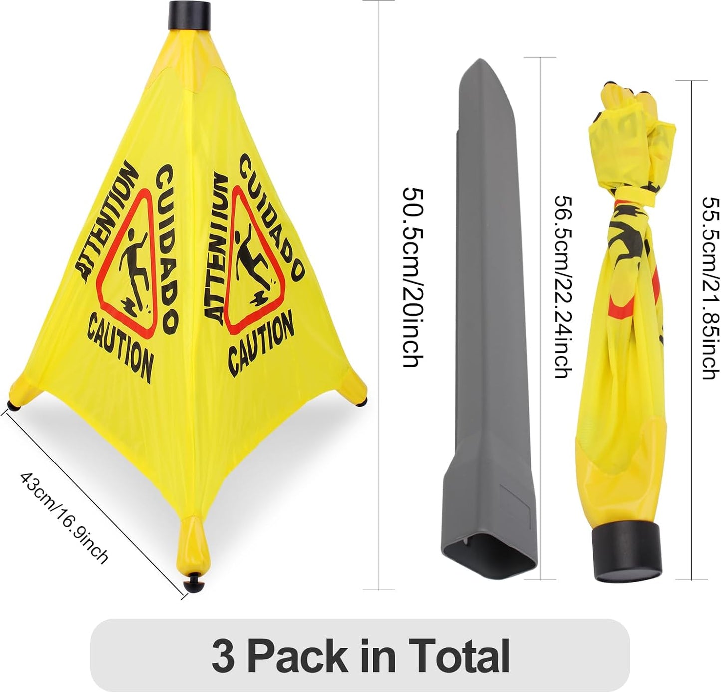 3 Pcs 20 inch Pop up Wet Floor Sign with Storage Tube, Wet Safety Signs Commercial Caution Safety Cone Pop up Caution Sign for Commercial Stores Grocery Restaurant Restroom Office