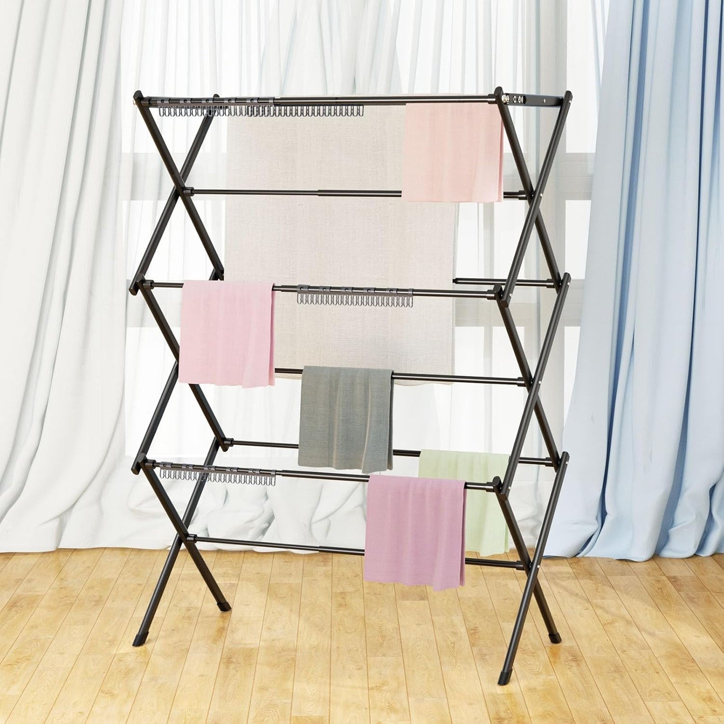 3 Tier Clothes Drying Rack,Foldable & Portable Clothing Drying Rack,Space-Saving Design, Indoor & Outdoor Laundry Rack for Drying Clothes,Metal Dryer Rack，Pure Black