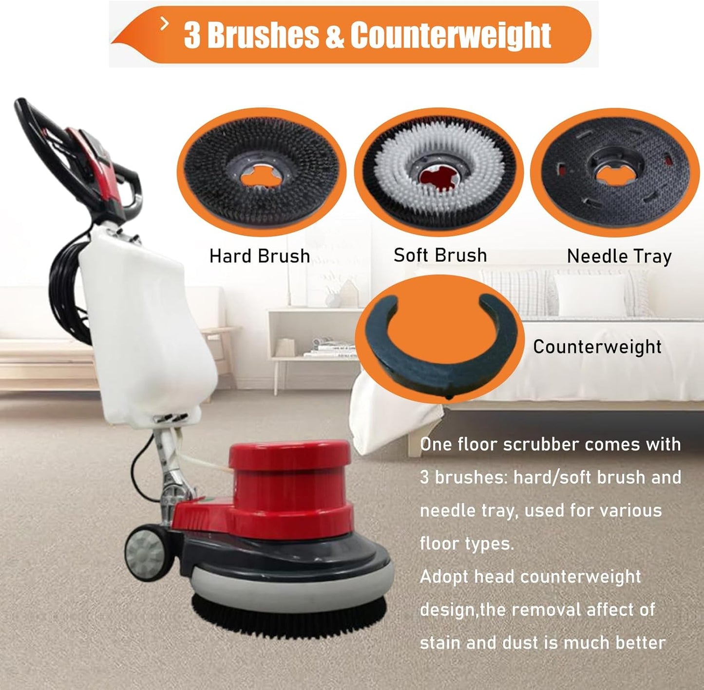 Commercial Floor Cleaning Machine 17" Floor Cleaner and Polisher Industrial Ground Scrubber Buffer with Three Brushes for Floor Cleaing, 110V