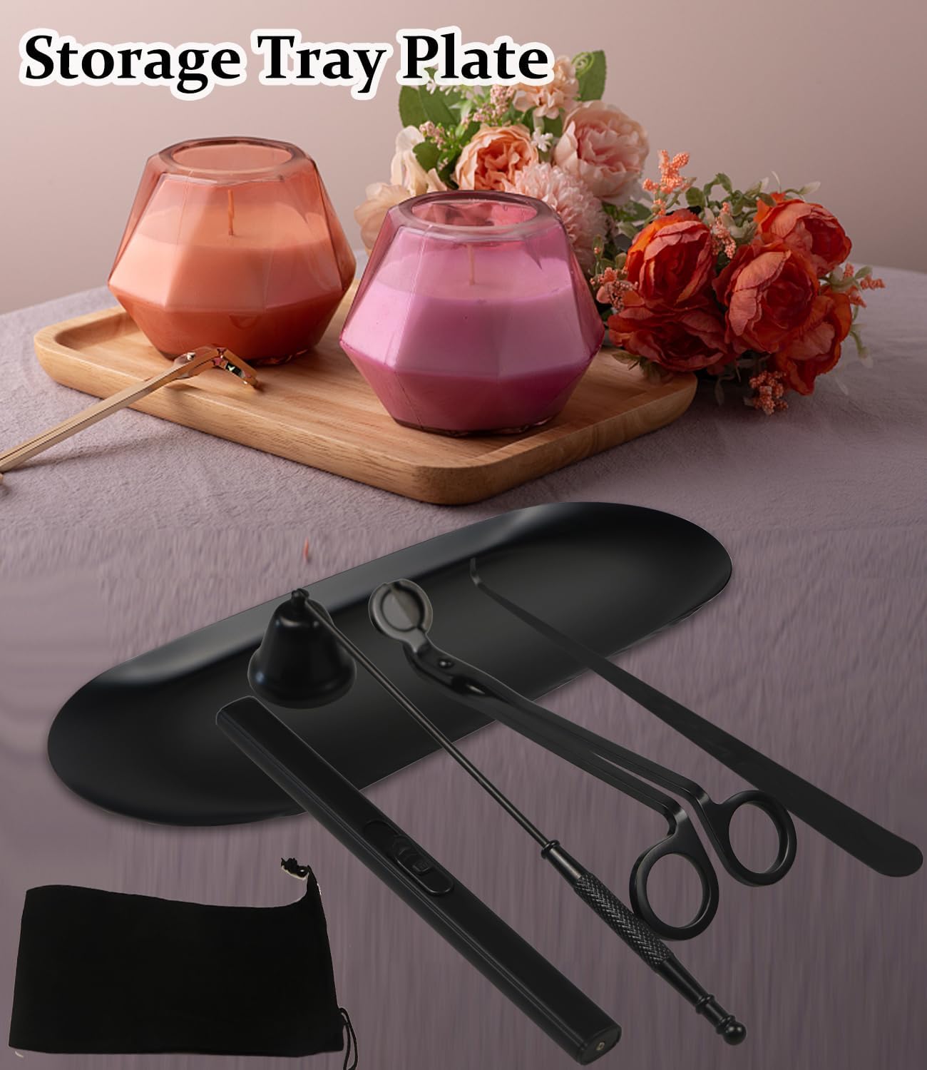 5 IN 1 Candle Wick Trimmer, Electric Candle Lighter Rechargeable, Candle Snuffer, Candle Wick Cutter, Candle Wick Dipper Accessory Candle Making Kit,with Storage Tray Plate for Gifts Candle Lovers