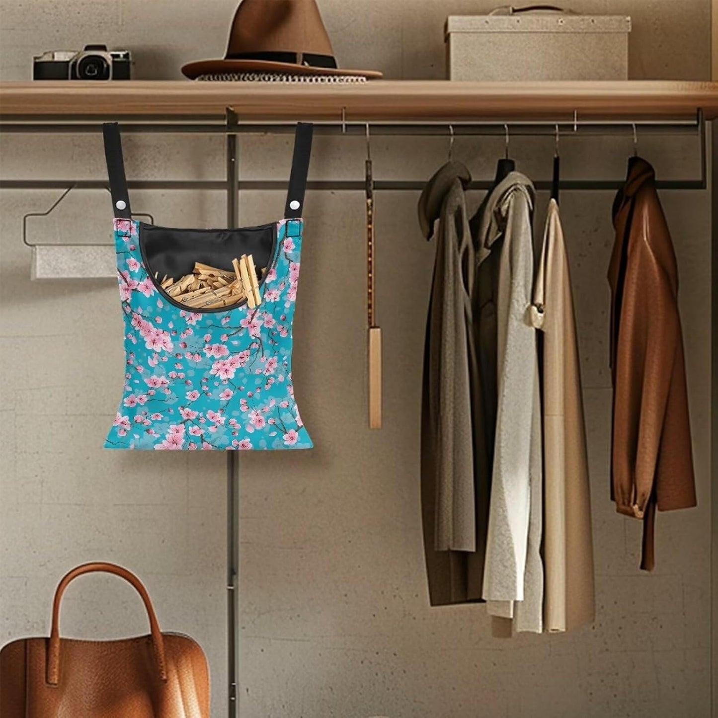 Cherry Blossom Clothespin Pouch Clothespin Bag with Hanging Hook Waterproof Clothes Pin Hanging Bag Space-Saving Clothespin Storage Organize Clothespin Bag for Clothesline Outdoor, 1 Pack