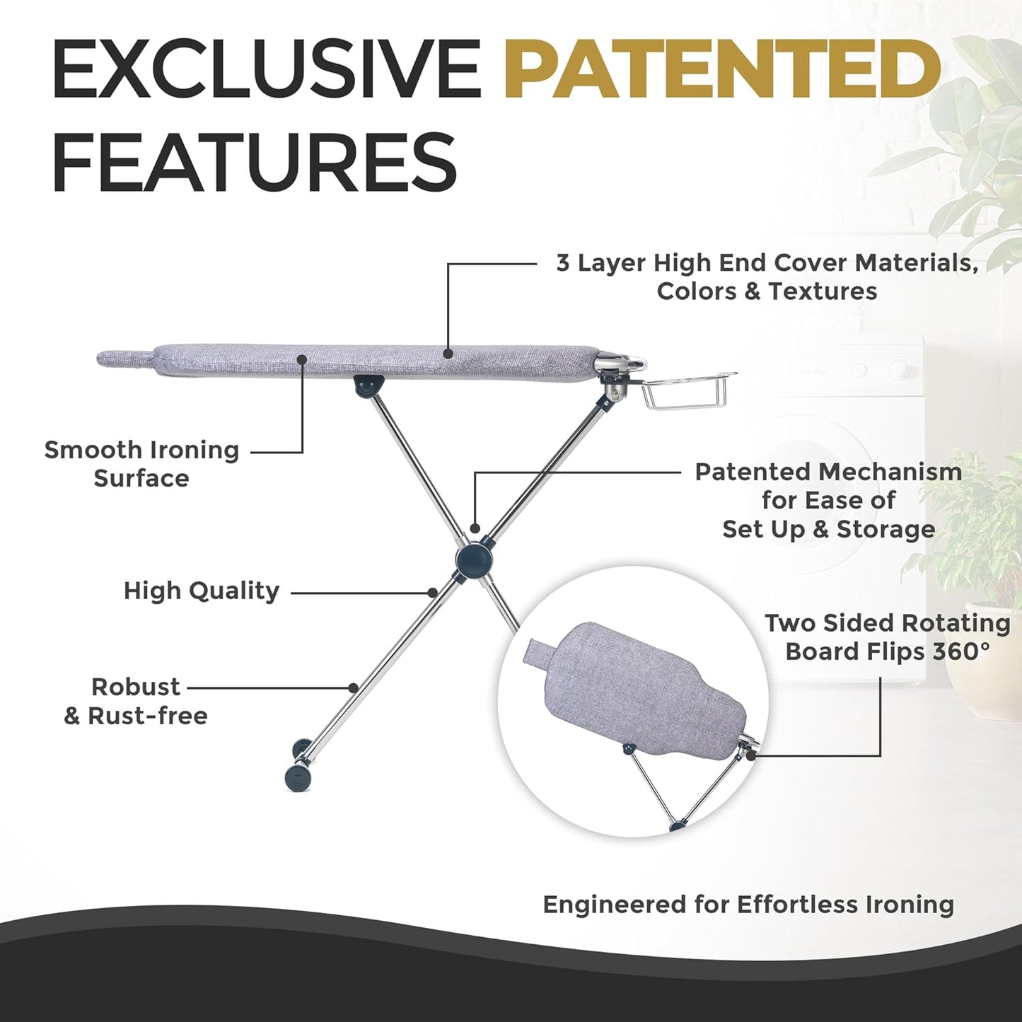 Dazzl 360° Dual-Sided Iron Board - Torso-Shaped Ironing Board Full Size with 8-Level Adjustable Height, Rotatable & Detachable Iron Holder, Garment Clips - HDPE Heat-Resistant Surface