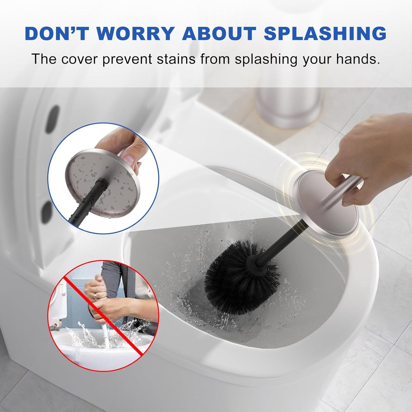 Brushed Nickel Toilet Brush and Holder Set, 304 Stainless Steel Toilet Brush for Bathroom, Heavy Duty Toilet Bowl Brush with Holder, Removable Inner Bowl and Splash Protection, Long Handle