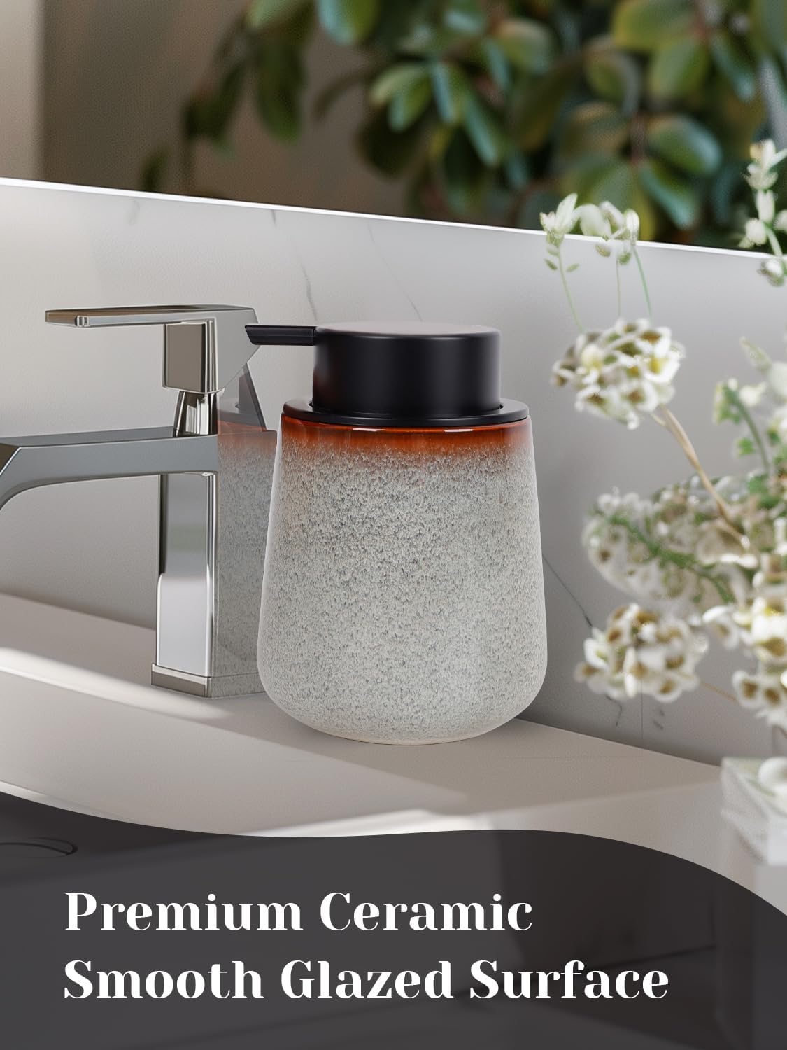 INGOFIN Ceramic Lotion Dispenser - 12 oz Refillable Hand Soap Dispenser Bathroom, Modern Liquid Dispenser with Pump, Dish Soap Dispenser for Kitchen, Kiln-Glazed
