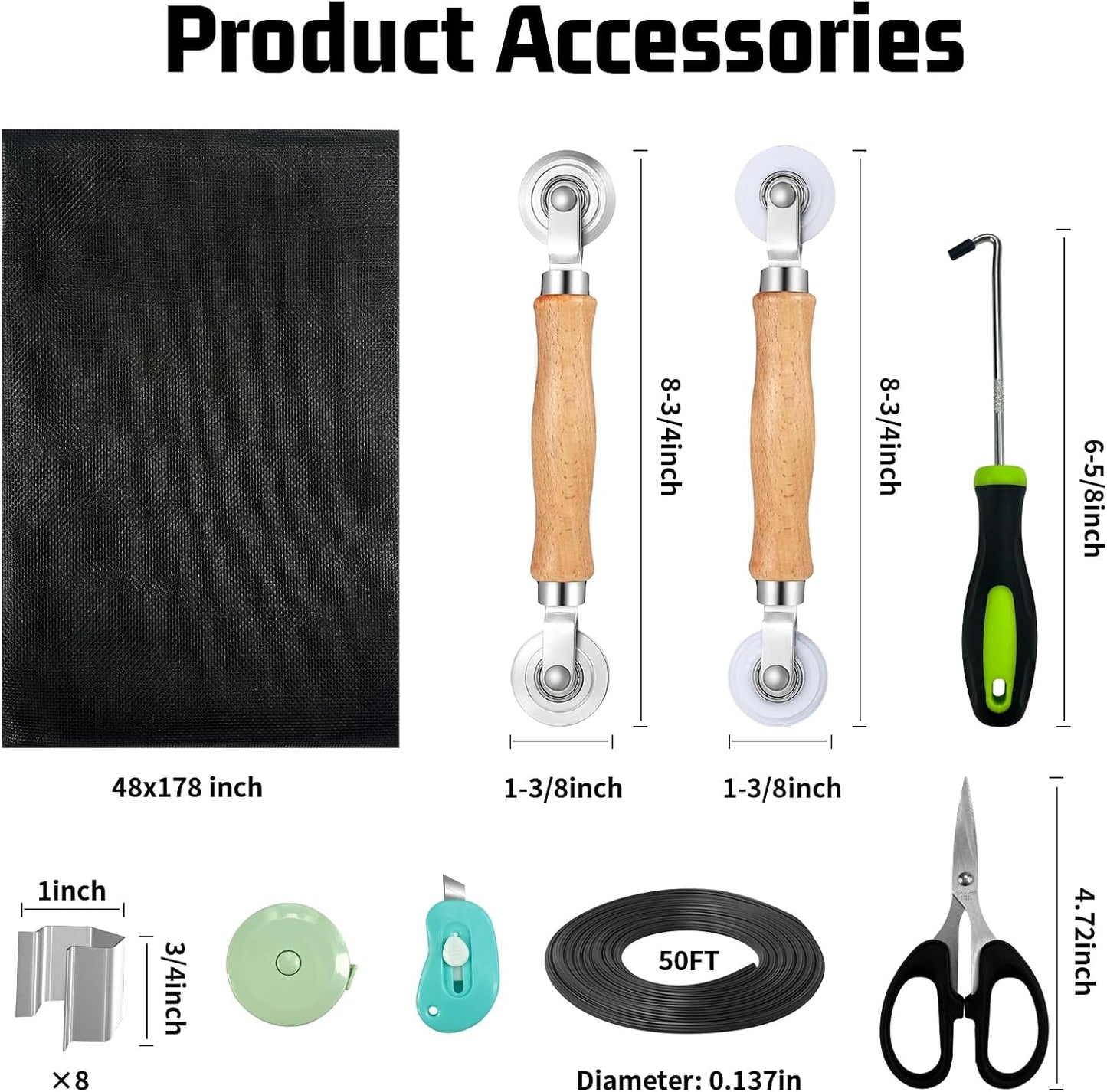 Window Screen Replacement,Screen Door Repair Kit, 48"x178" Black Window Screen Mesh,Including 50 FT Splines+Hooks+2 Rollers+8 Clips+Scissors+Knife+Tape Measure,Fully Equipped Window Screen Repair Kit