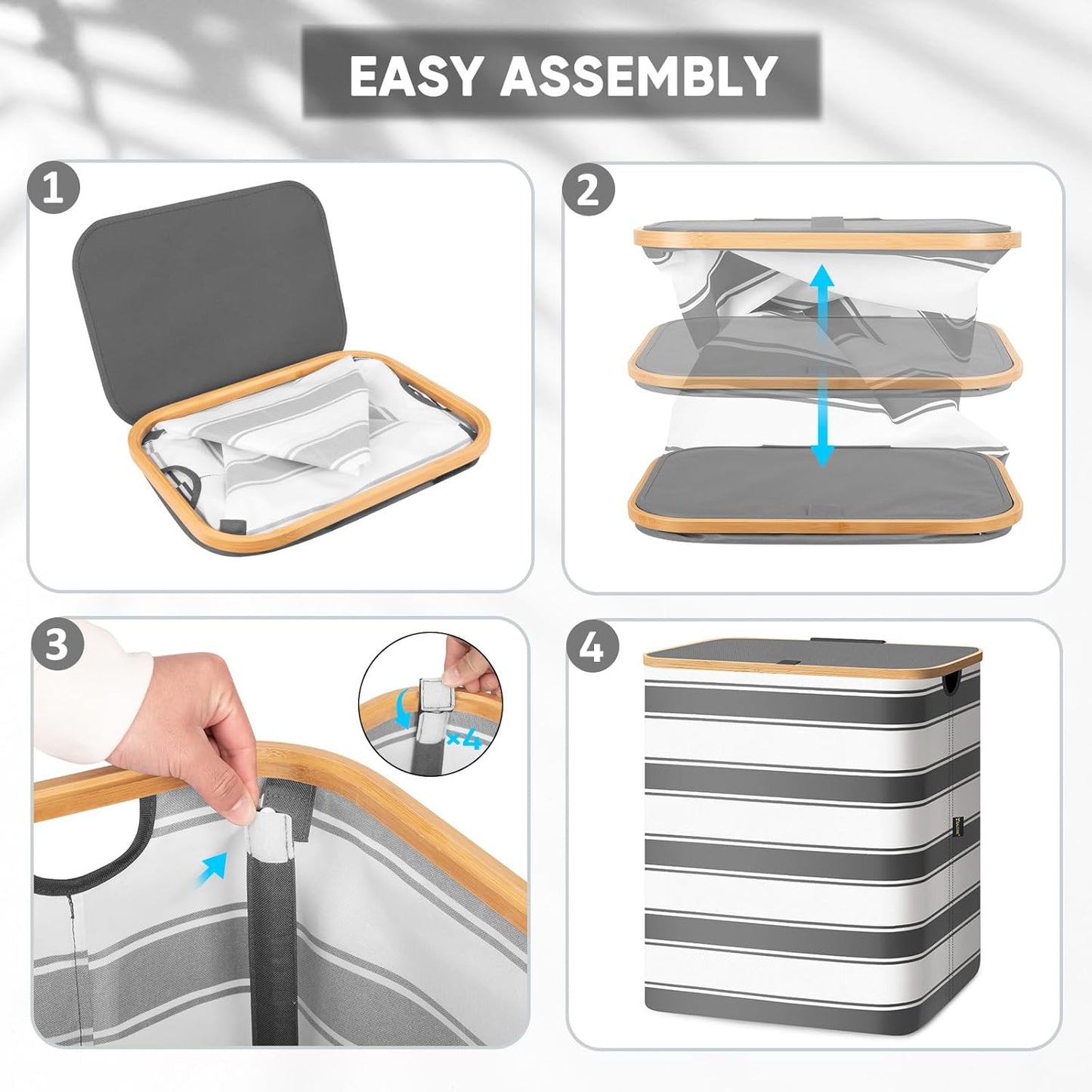 BALEINE Laundry Hamper with Lid, Tall Laundry Baskets with Bamboo Pull Handles, Large Laundry Bin with Internal Support (36 Gal/140L, Grey Stripe)