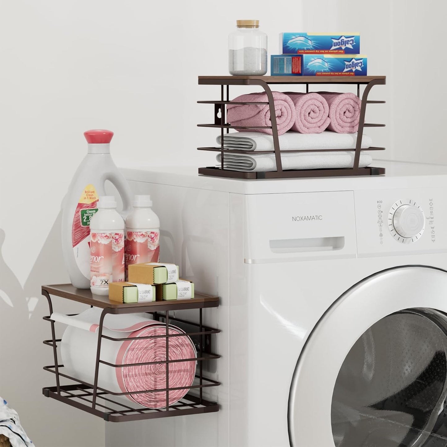 Extra Large 2 Pack Stackable Storage Pantry Organizers and Storage, Wall Mount Trash Bag Holder with Bamboo Top and Garbage Bag Dispenser, Brown