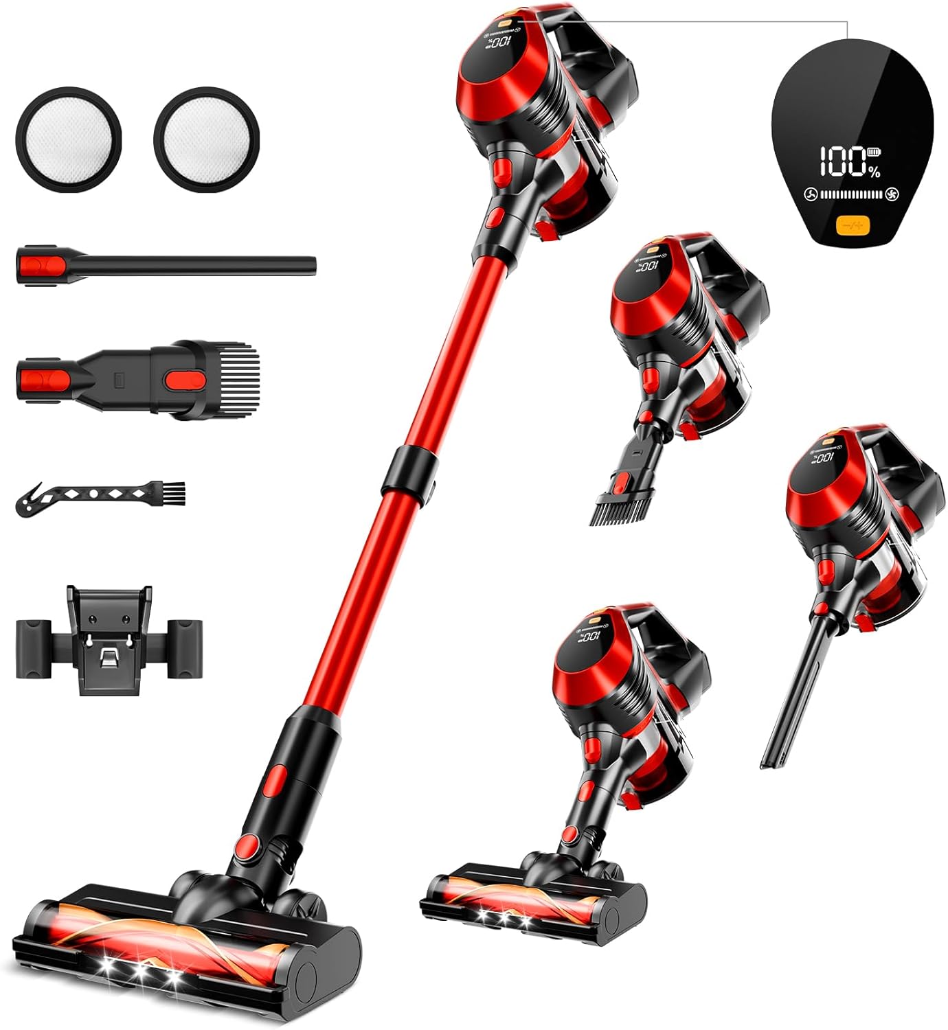 Cordless Vacuum Cleaner - Lightweight, 35Kpa Home Stick Vacuum, Smart Display & Removable Battery, Up to 45 Mins, 8 in 1 Portable Handhled Vacuum, Wall Mount Charging for Hardfloor, Carpet Red