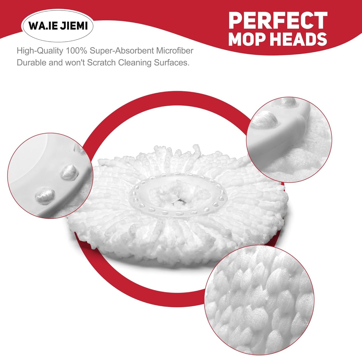 6-Pack White Mop Replacement Heads with 1 Spin Mop Scrub Brush - Microfiber Replacement Mop Heads Universal for 360°Spin Magic Mopping,Round Shape Standard Size