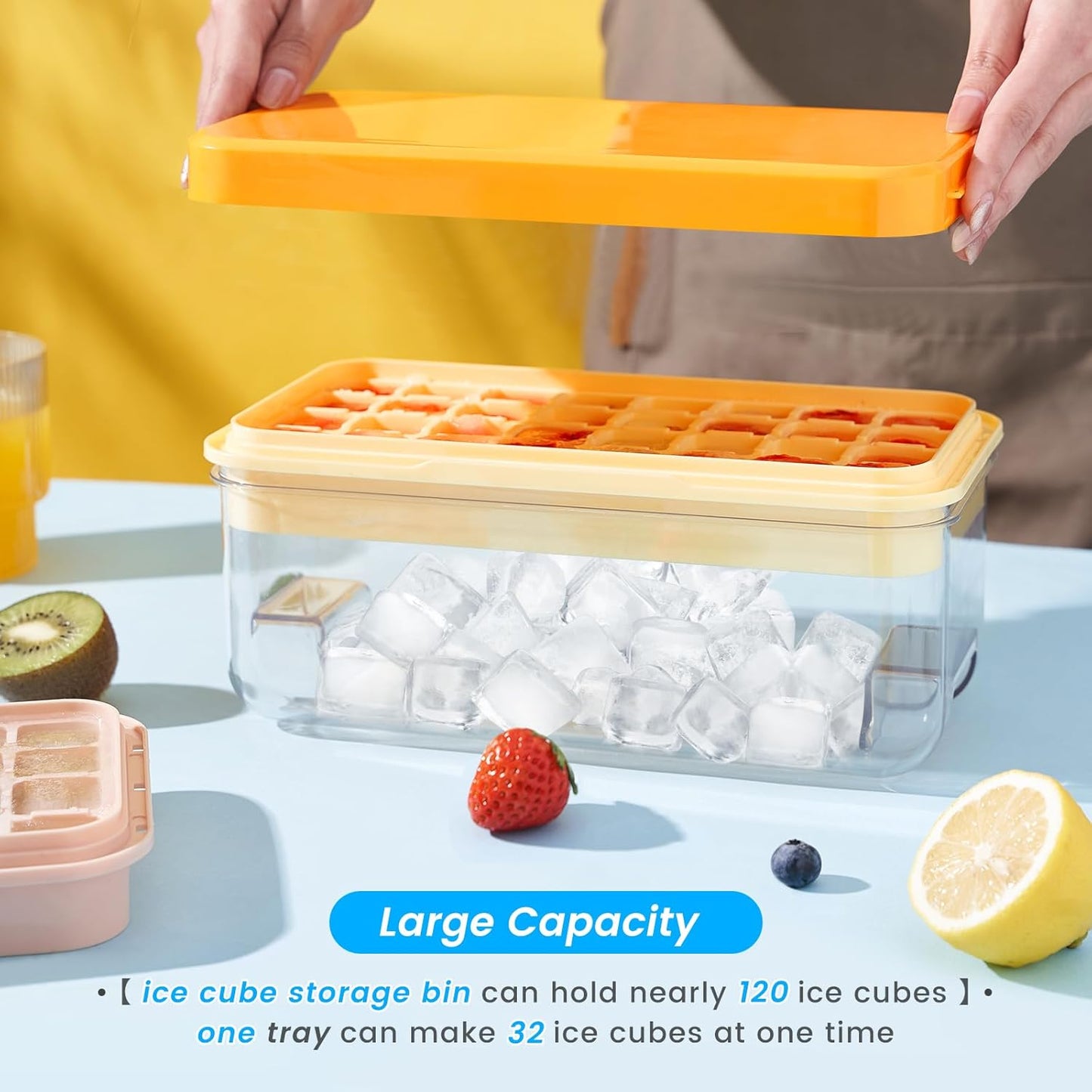 Ice Cube Tray with Lid and Bin, 32 pcs Ice Cubes Molds, Ice Trays for Freezer, Ice Cube Tray Mold, with 1 tray, Ice Freezer Container, Spill-Resistant Removable Lid & Ice Scoop, for Whiskey,Cocktail