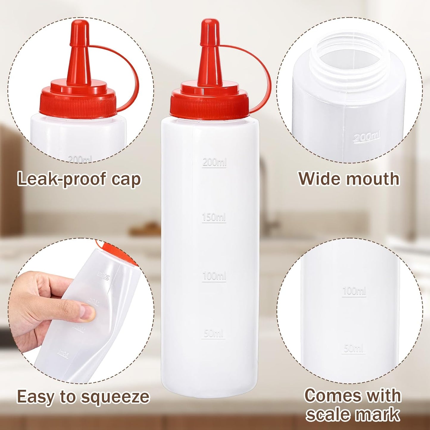 Condiment Squeeze Bottles Ketchup Dispenser, 6 Pack 8oz Squeeze Bottles for Liquids, Plastic Sauce Bottle with Cap Lid, Squirt Bottles for Sauces Liquids BBQ Dressing Pancake Art
