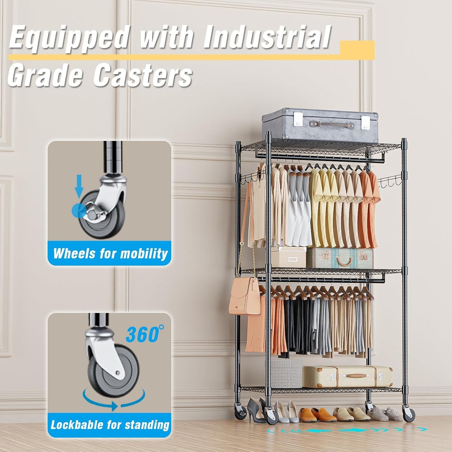 Homdox Heavy Duty Clothing Rack with 3 Tier Adjustable Wire Shelves, Garment Racks for Hanging Clothes, Double Rods Clothing Rack, Freestanding Closet Wardrobe with Side Hooks, Black