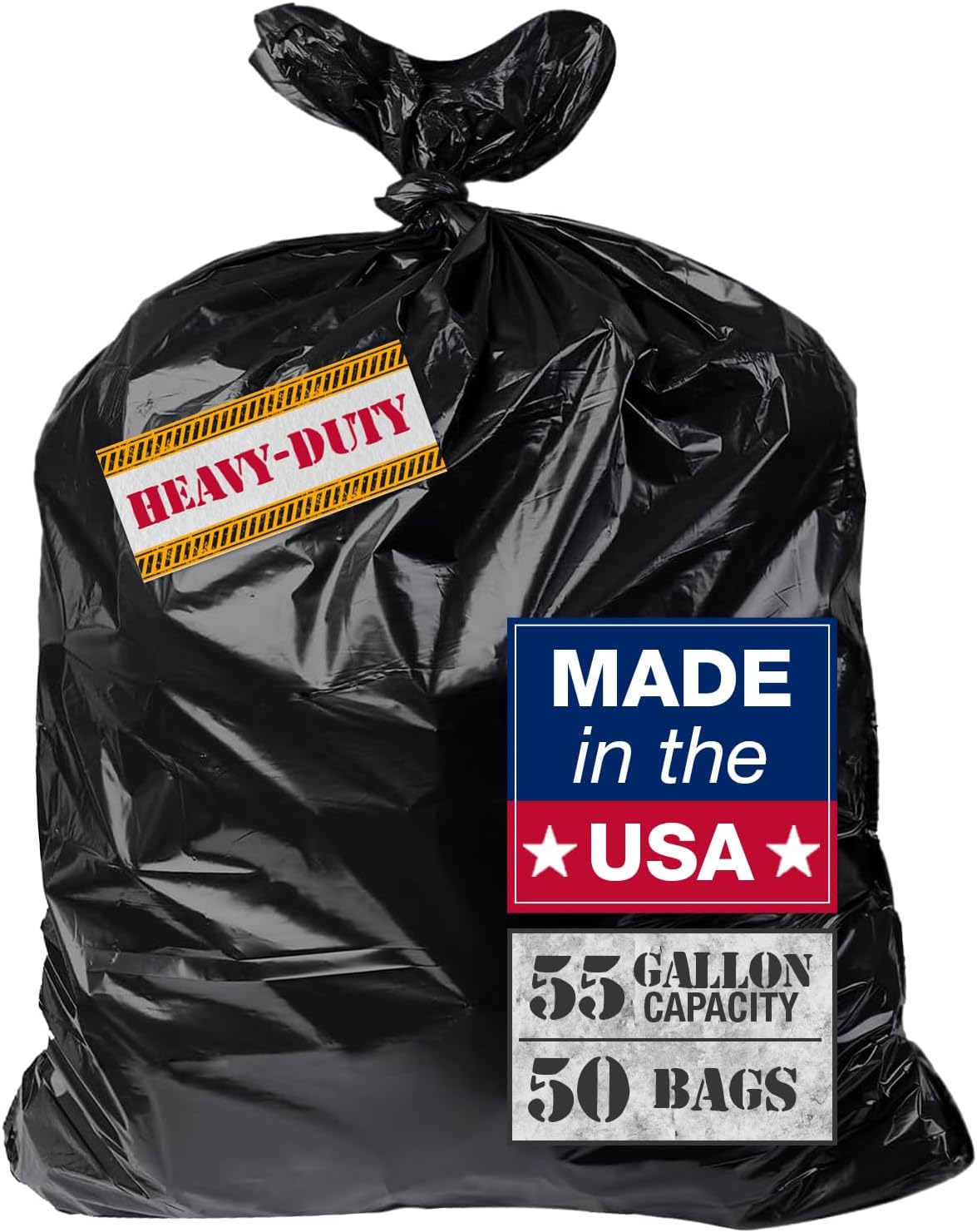 Extra Heavy Duty Black Contractor Garbage Bags 55 Gallon, 50 Trash Bags, Construction Grade, 3 mil, Made in USA