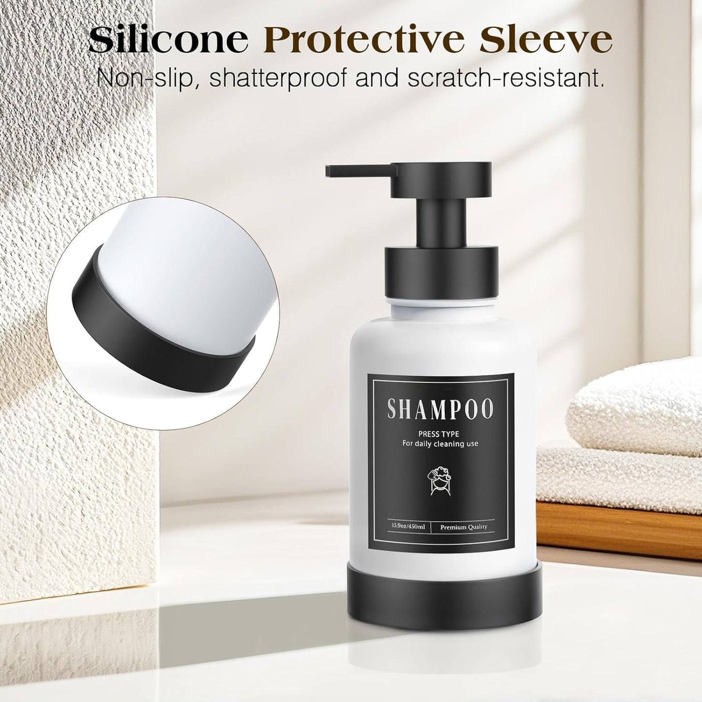 Luxspire Foaming Soap Dispenser, Glass Foam Pump Soap Dispenser, Non-Slip Hand Soap Container with 5 Waterproof Labels, 15 Oz Refillable Liquid Soap Holder for Bathroom & Kitchen, White, 1 Pack