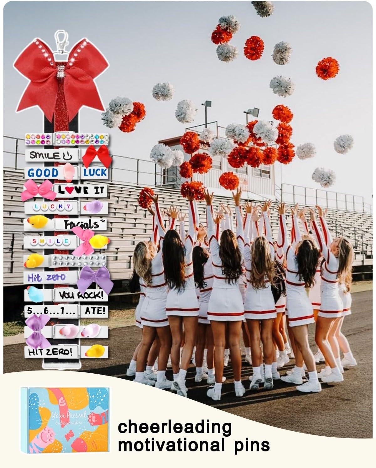 Cheer Pins for Backpack Cheer Stuff Kit 70 White Colored Clothes Pins with Mini Resin Ducks Bows Letter Beads Team Cheerleaders Gifts Bulk Pin Me Ribbon for Bag Decorations Competition Spirit Clips