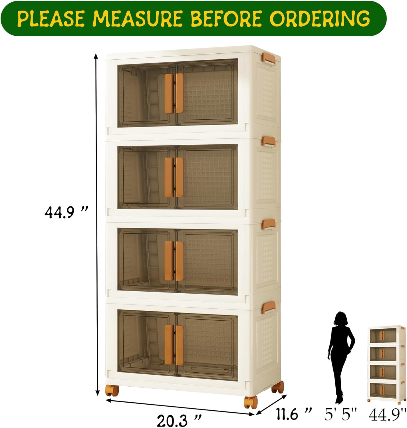 4 Tier Stackable Plastic Storage Bins with 1 Lid 45 QT/Tier, Collapsible Plastic Box Storage Bin with Wheels, Home Containers Boxes Closet Organizers for Living Room, Office, Dorm