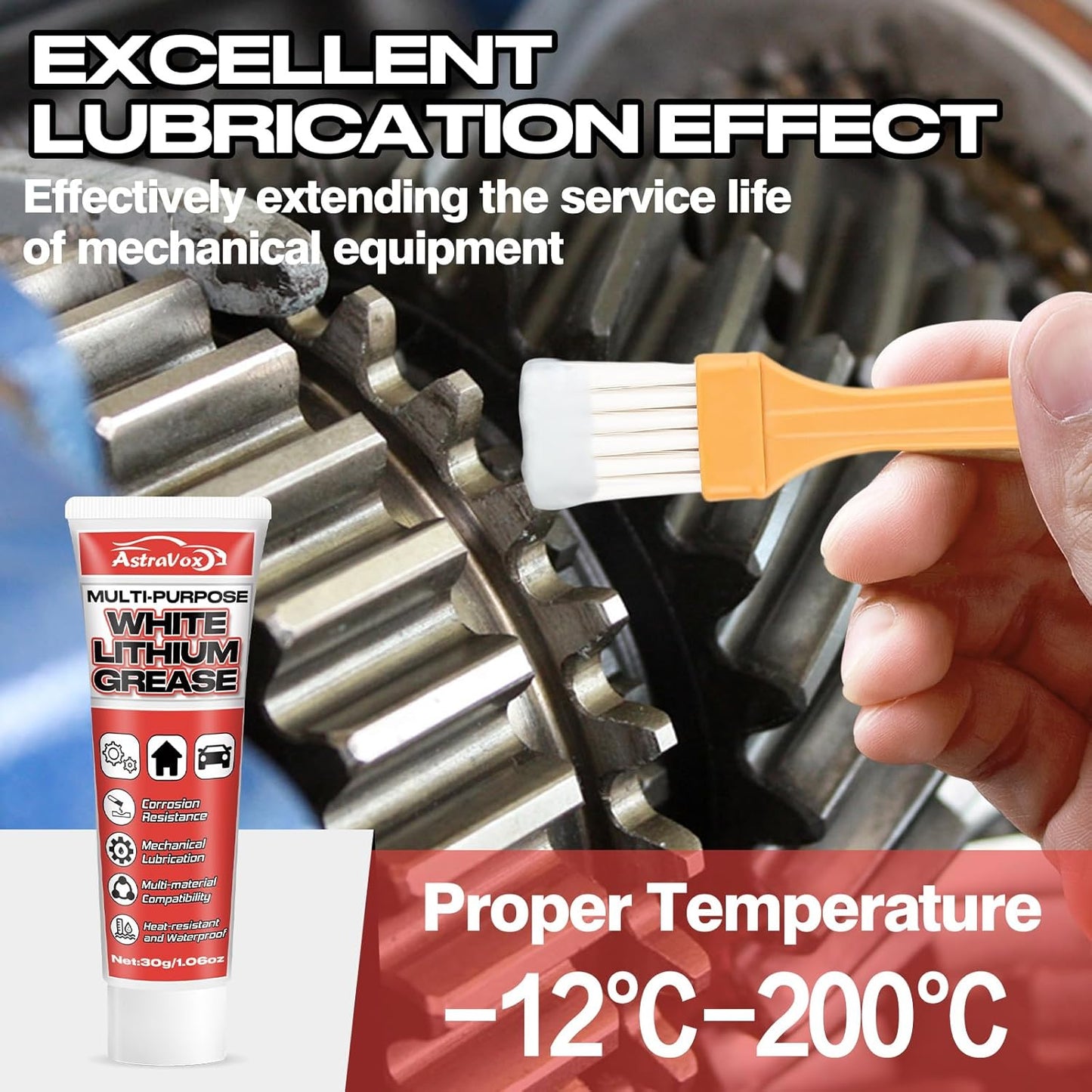 AstraVox White Lithium Grease, Multi-Purpose Lubricant Lithium Grease with Brush for Hinges, Bearings, Gears, and Garage Doors, Ideal for Automotive, Marine, Industrial, and Household Use (1)