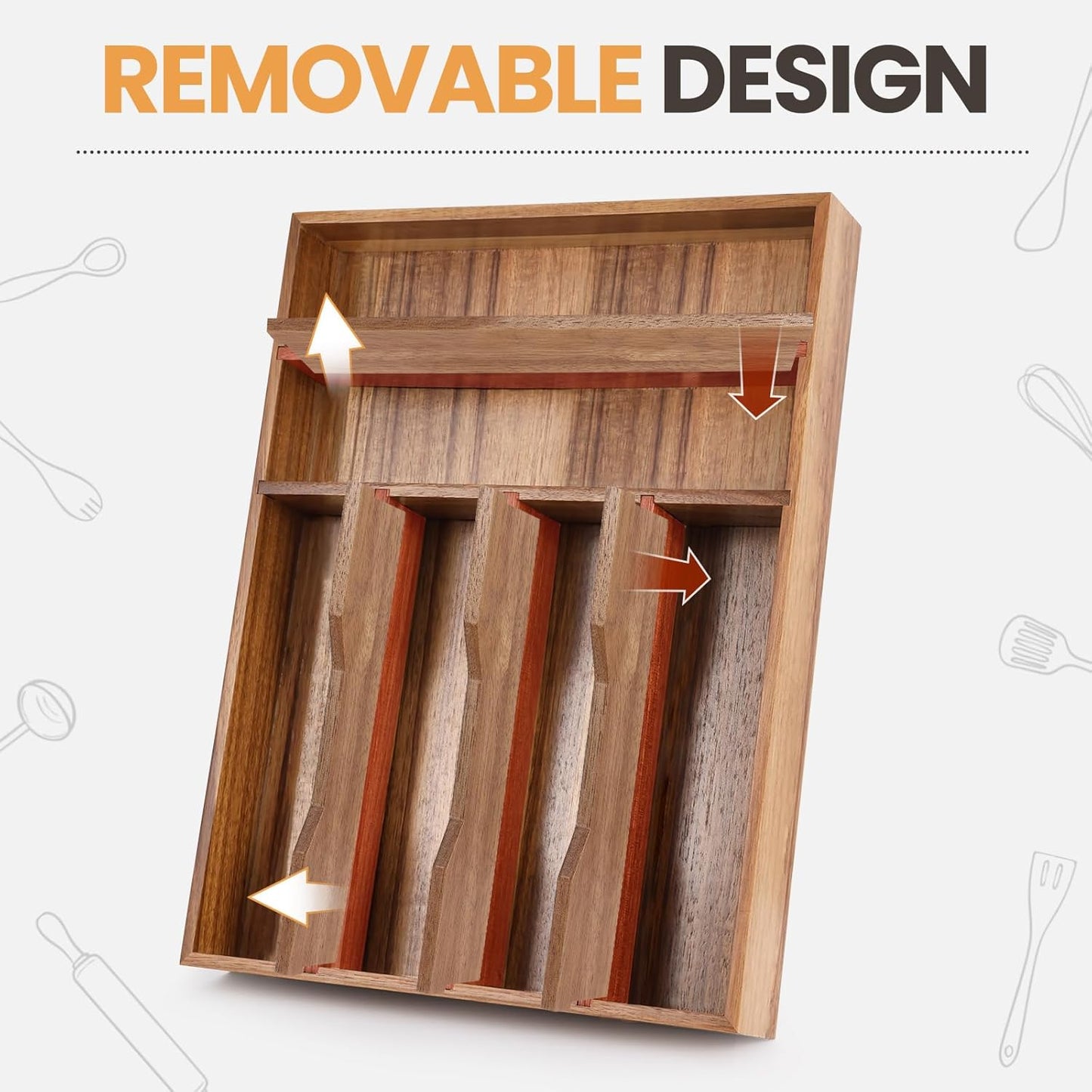 Acacia Wood Silverware Drawer Organizer, 12 Inch Adjustable Cutlery Tray for Kitchen Utensils, Silverware Flatware Storage Box with 5 Detachable Dividers (6-Compartment)