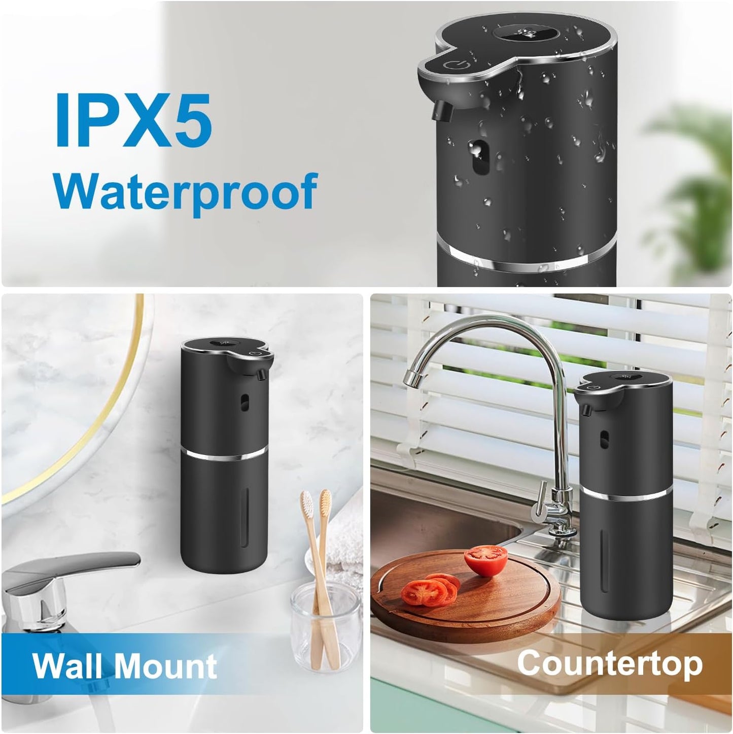 Automatic Foaming Soap Dispenser 12.8oz, Rechargeable & 6 Levels Foaming Adjustable with Digital Display, Wall Mount, Waterproof, Touchless Hand/Dish Soap Dispenser for Kitchen, Bathroom, Hotel