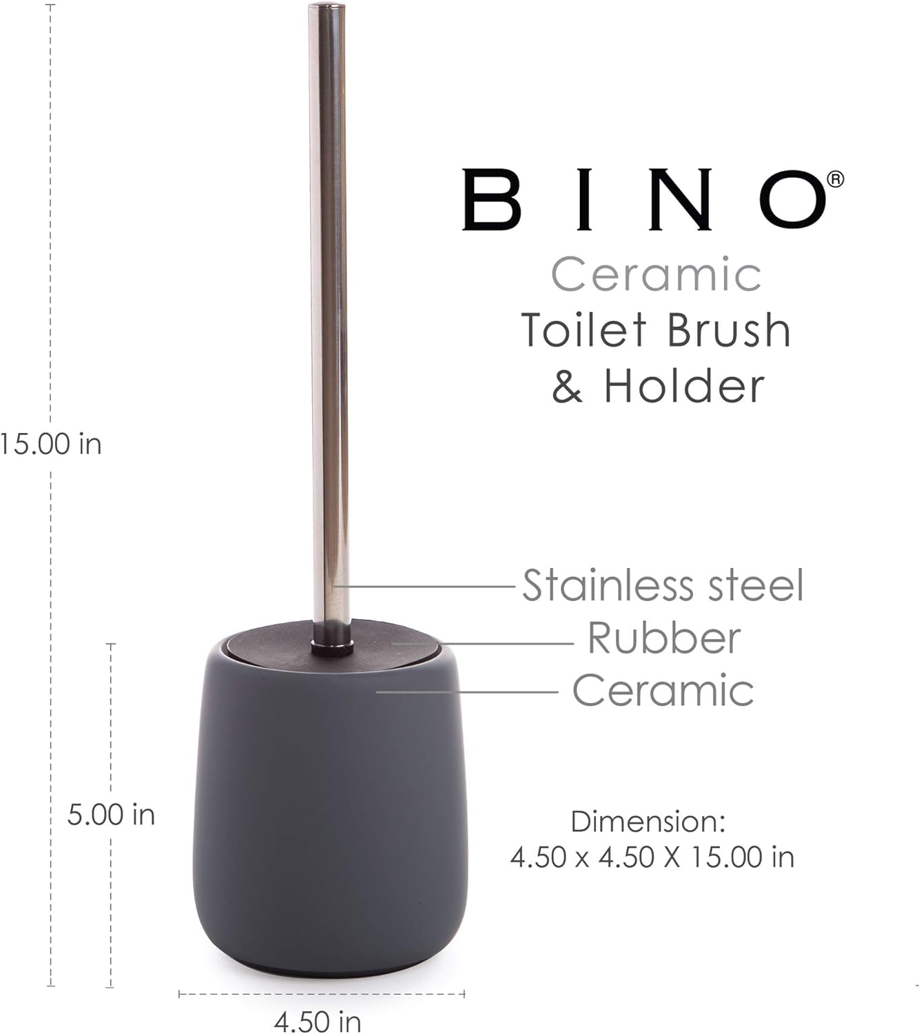 BINO | Toilet Brush with Holder Silicone Coated Ceramic, Grey | Toilet Bowl Brush and Holder Bowl | Bathroom Cleaner
